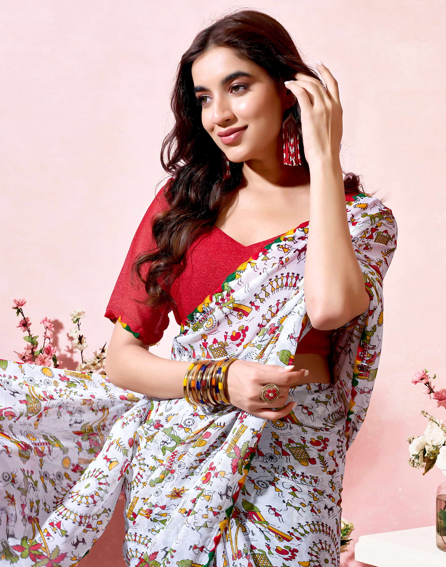 White Georgette Warli Printed Saree