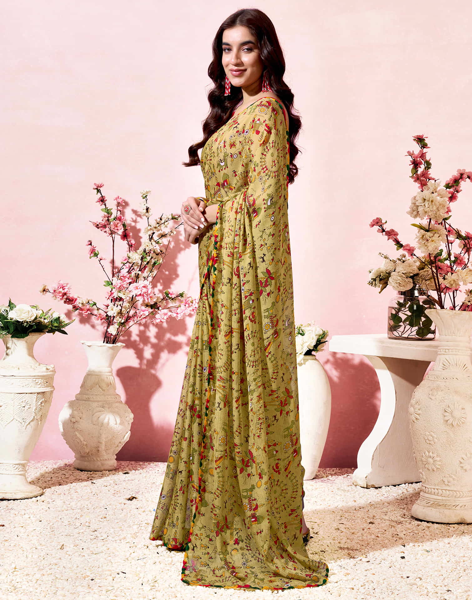 Khaki Georgette Warli Printed Saree
