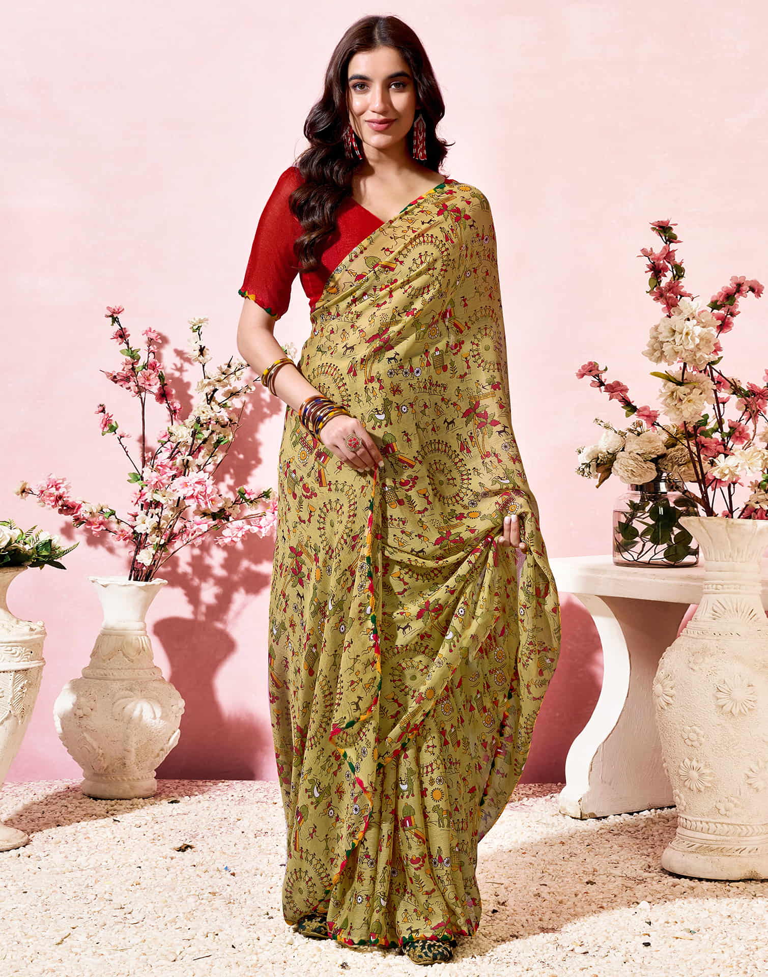 Khaki Georgette Warli Printed Saree