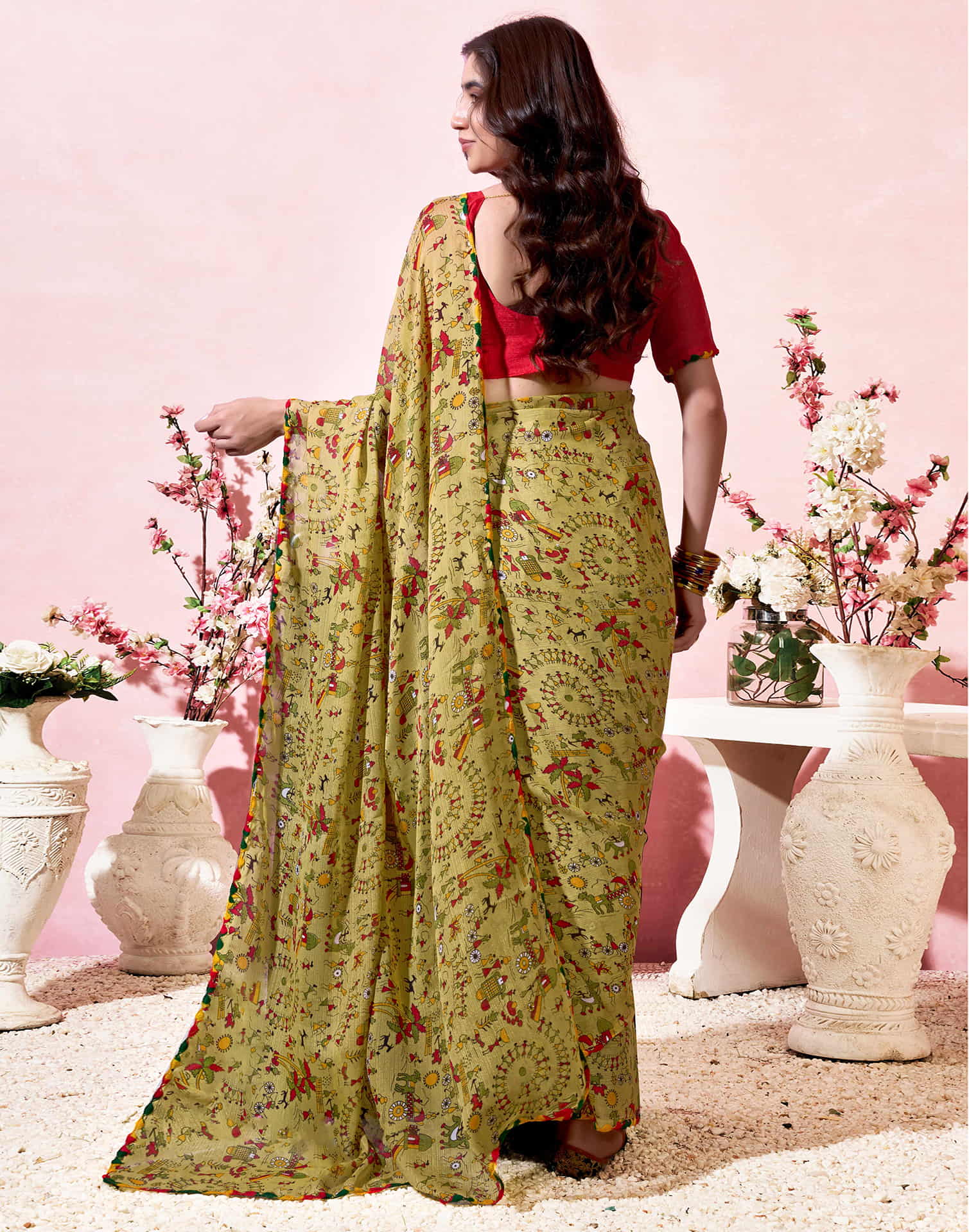 Khaki Georgette Warli Printed Saree