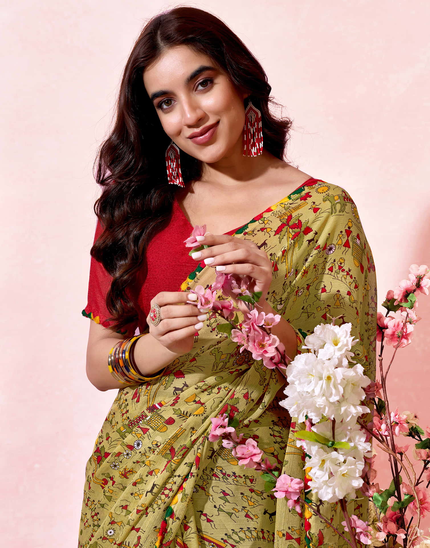 Khaki Georgette Warli Printed Saree