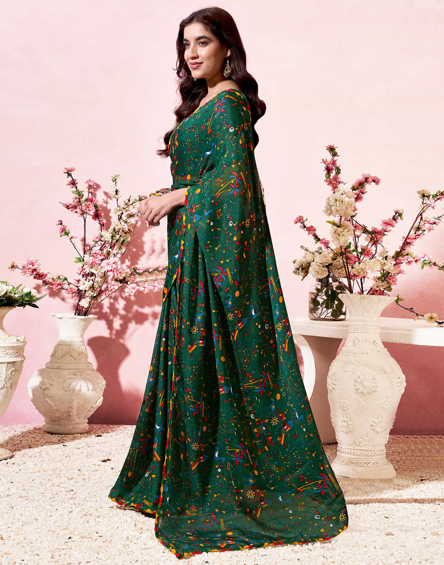 Dark Green Georgette Warli Printed Saree