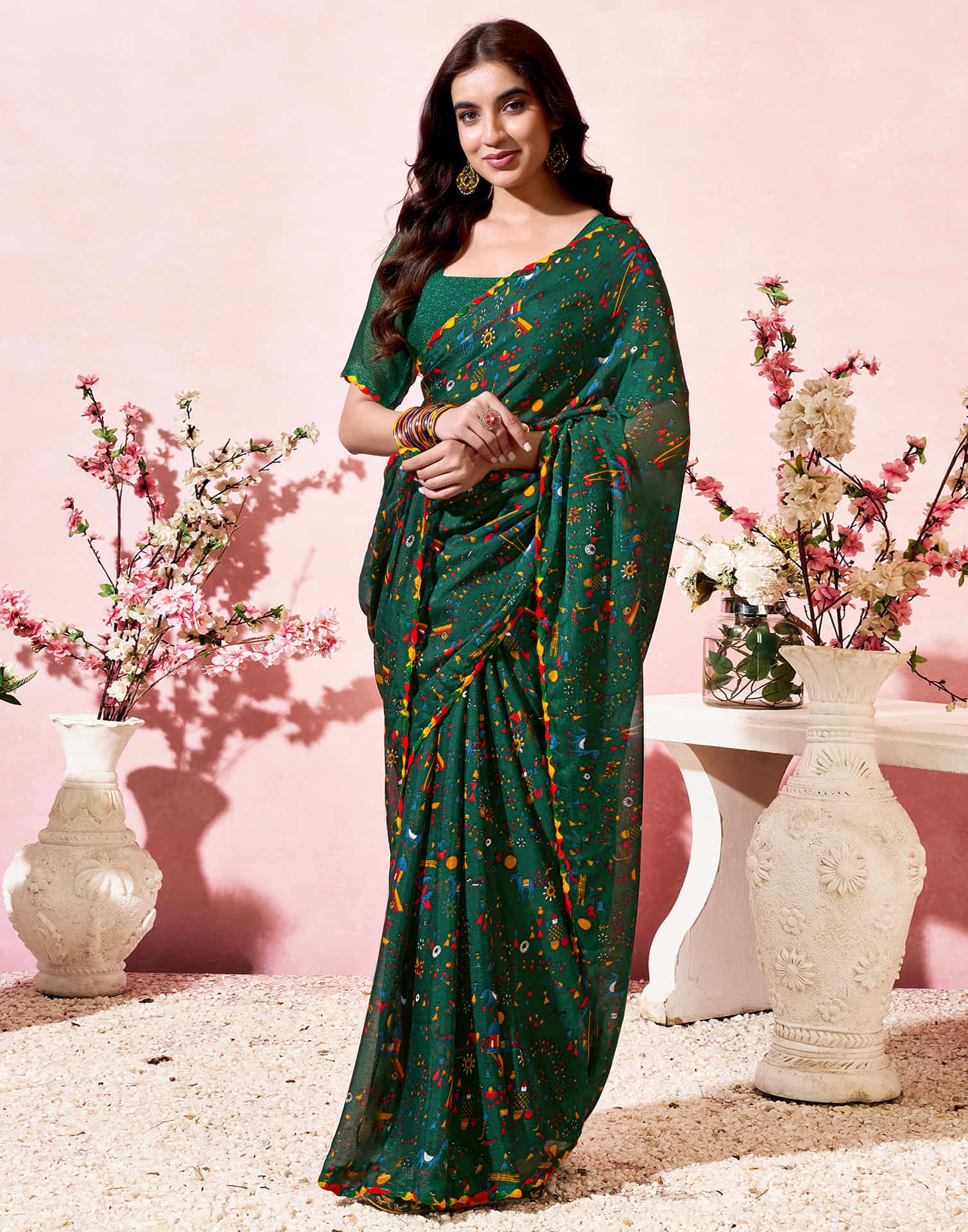 Dark Green Georgette Warli Printed Saree