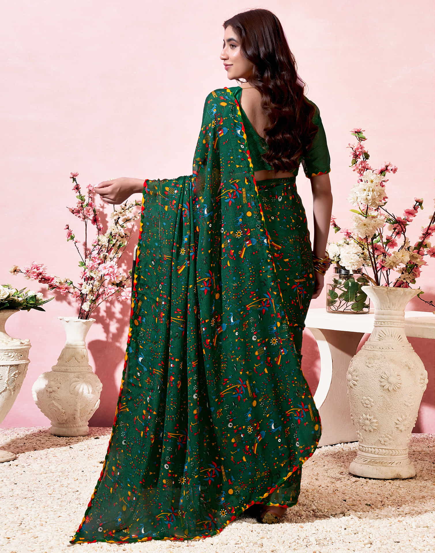 Dark Green Georgette Warli Printed Saree