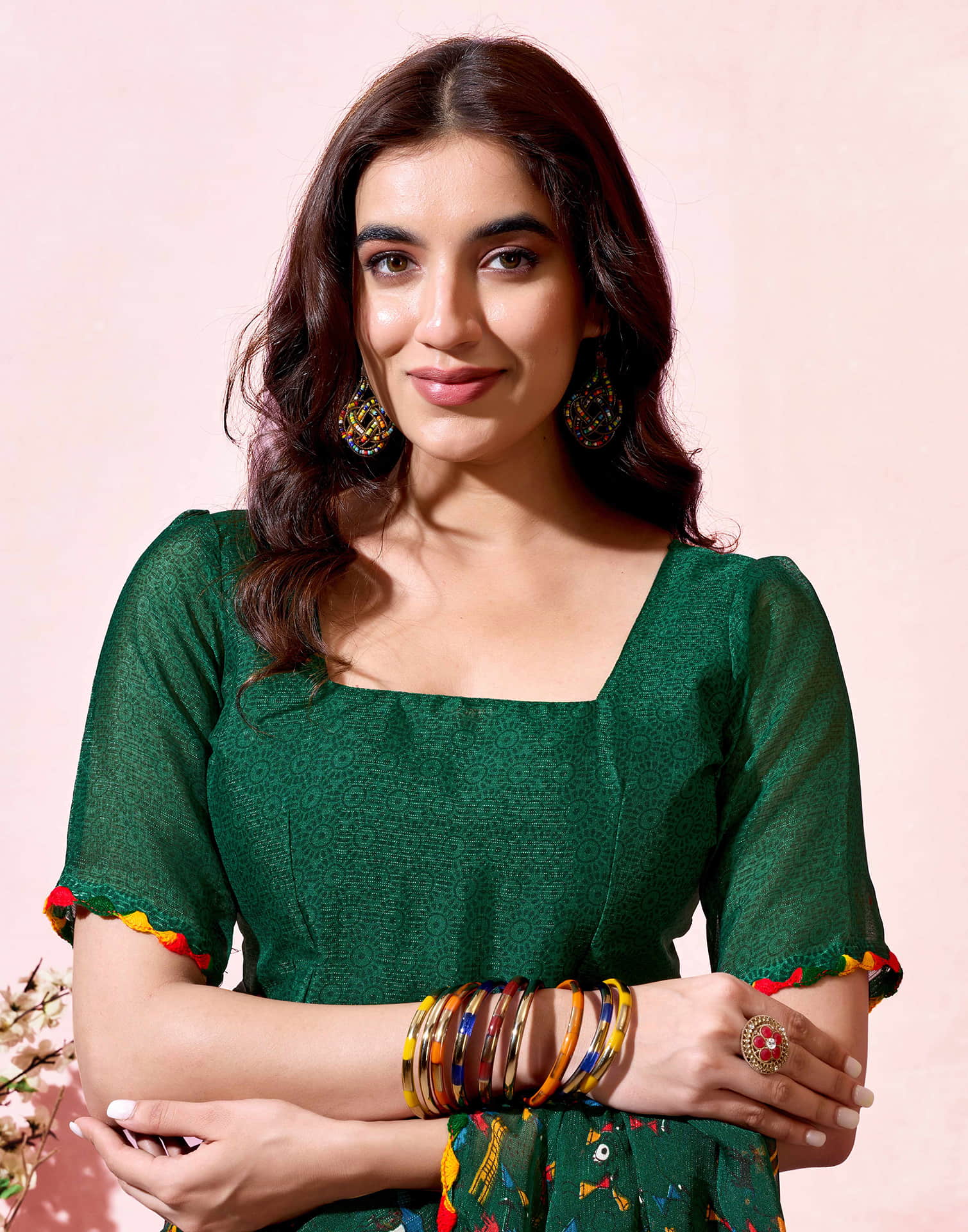 Dark Green Georgette Warli Printed Saree