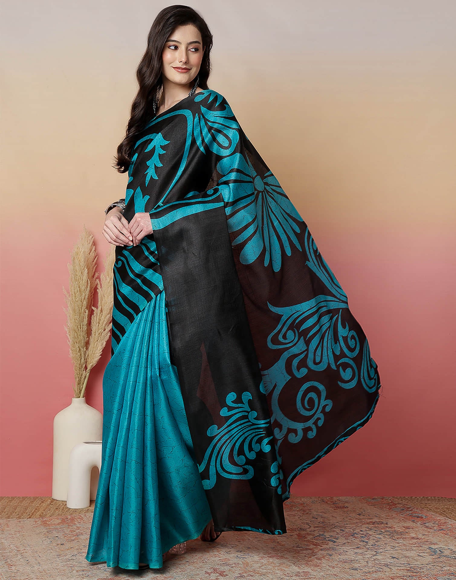 Black Cotton Blend Printed Saree