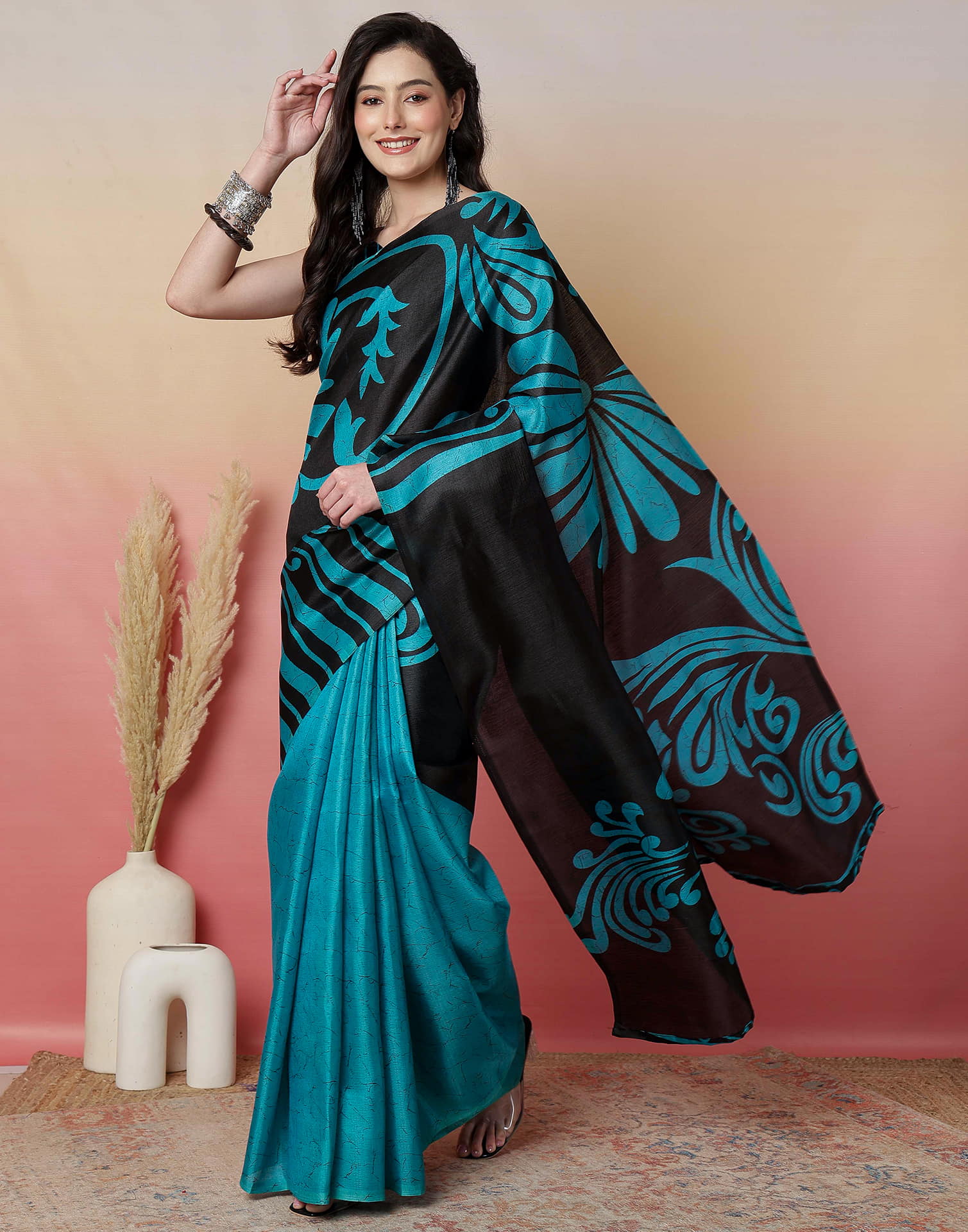 Black Cotton Blend Printed Saree