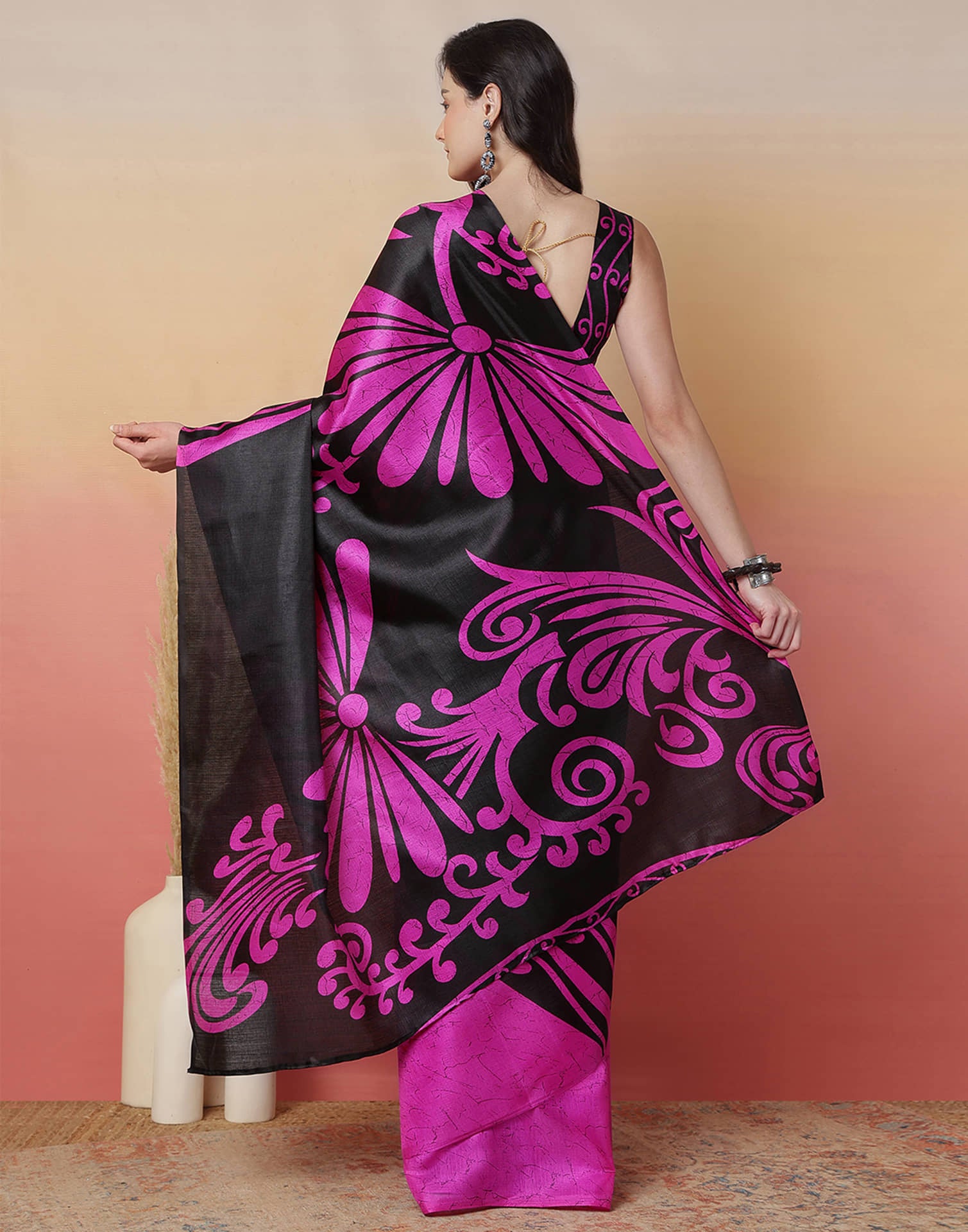 Black Cotton Blend Printed Saree