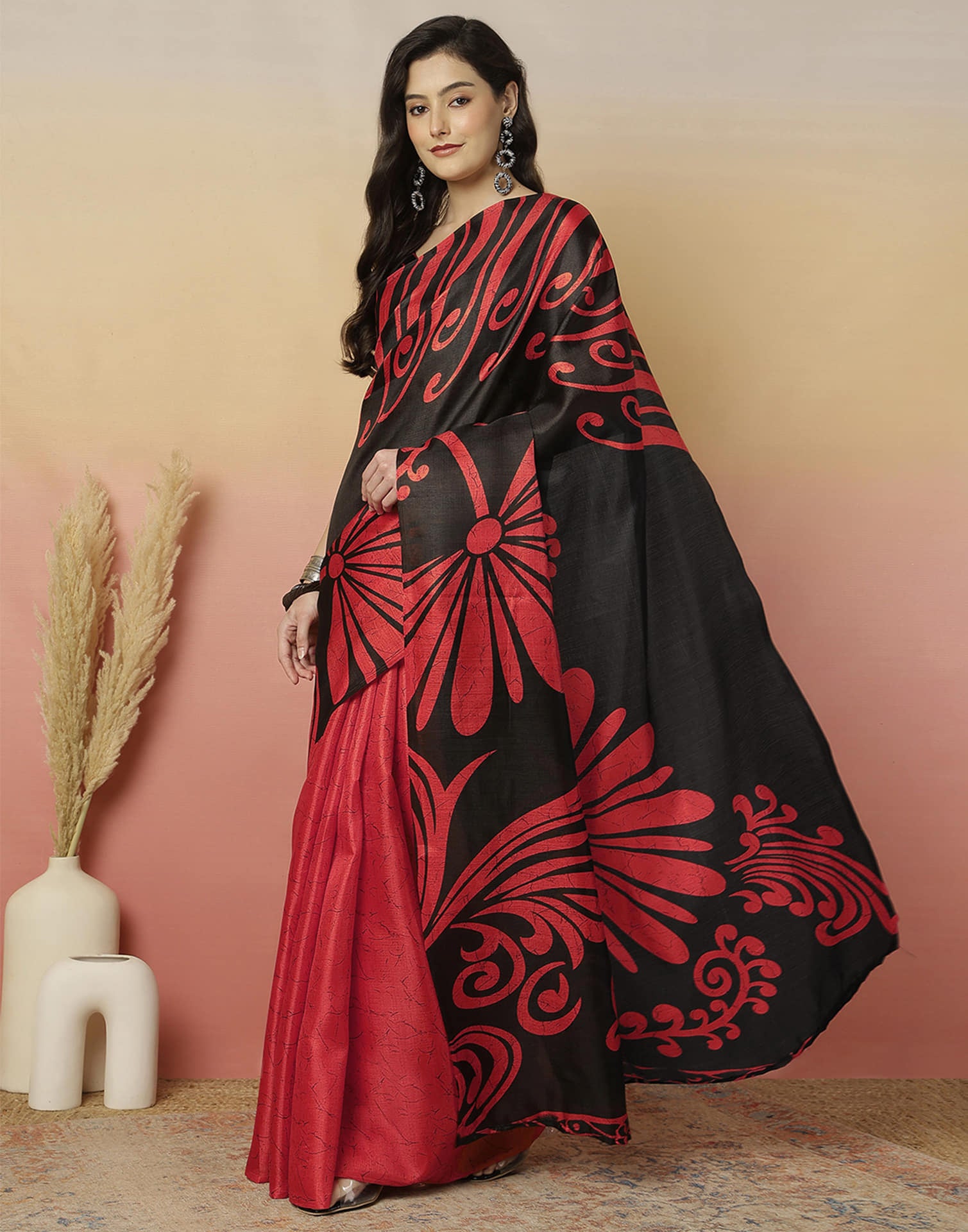 Black Cotton Blend Printed Saree