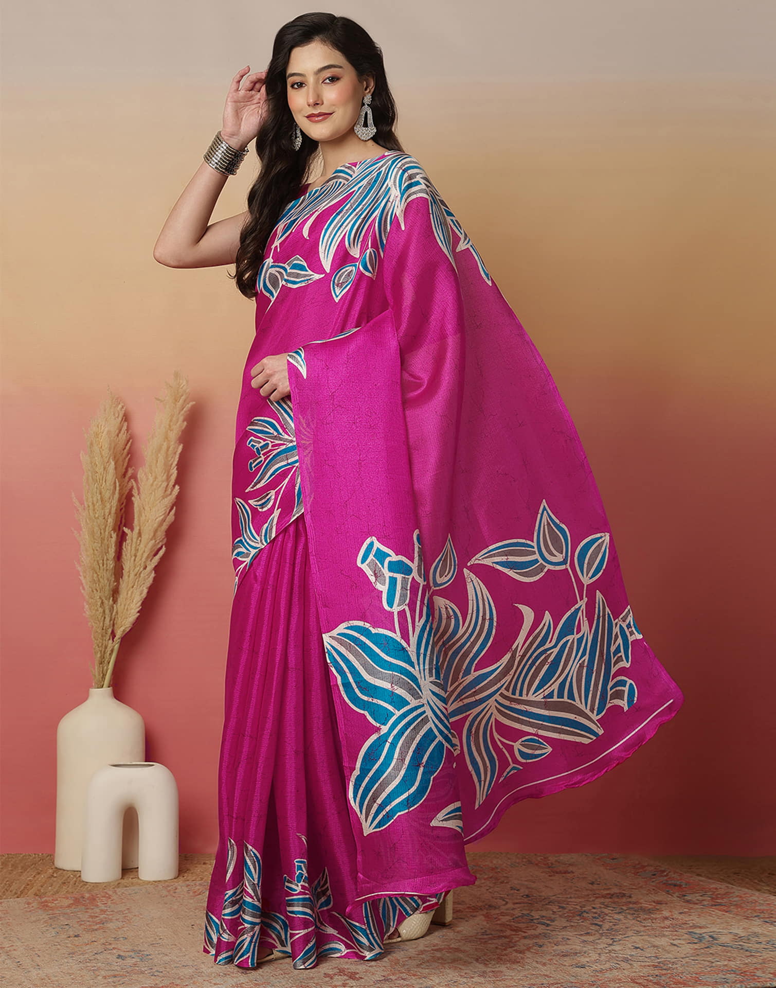 Rani Pink Cotton Blend Printed Saree