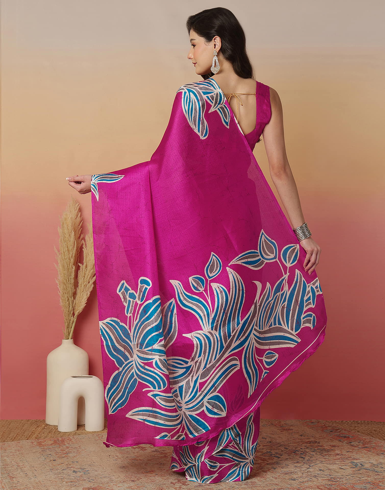 Rani Pink Cotton Blend Printed Saree