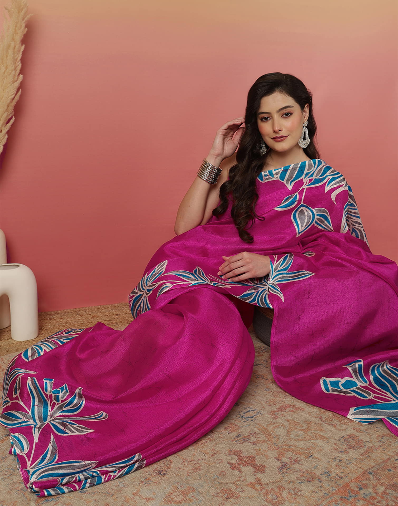 Rani Pink Cotton Blend Printed Saree