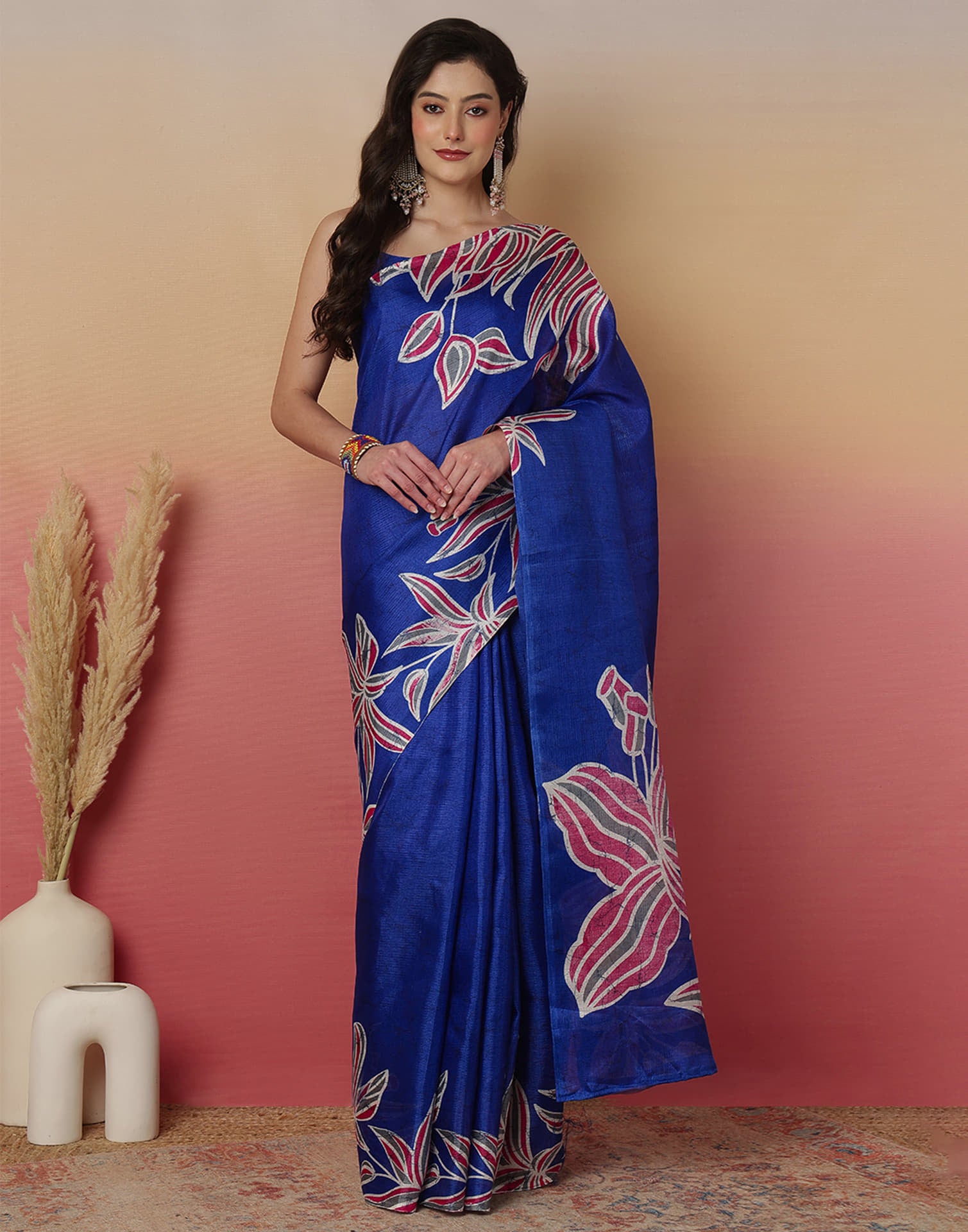 Blue Cotton Blend Printed Saree