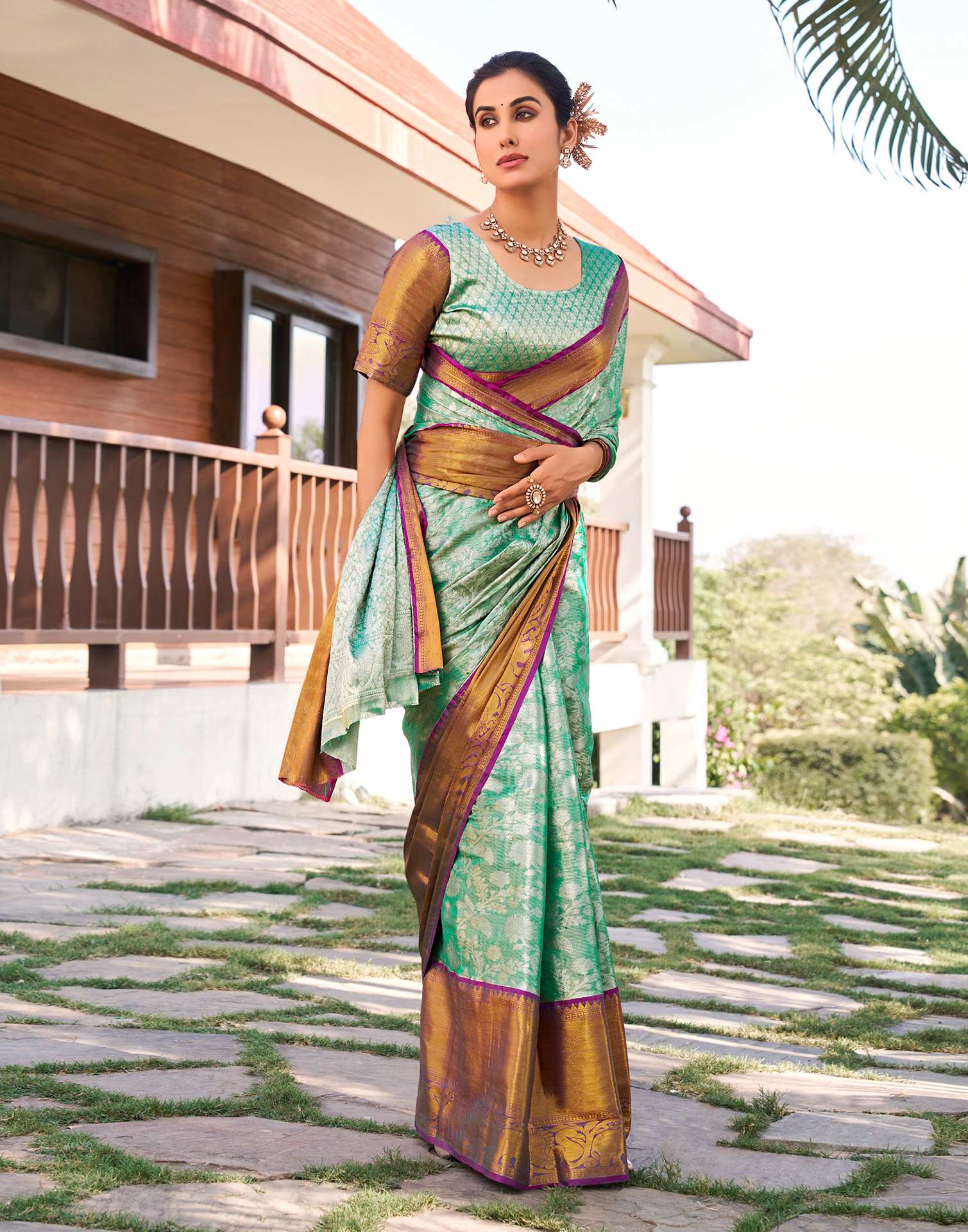 Turquoise Silk Woven Kanjivaram Saree