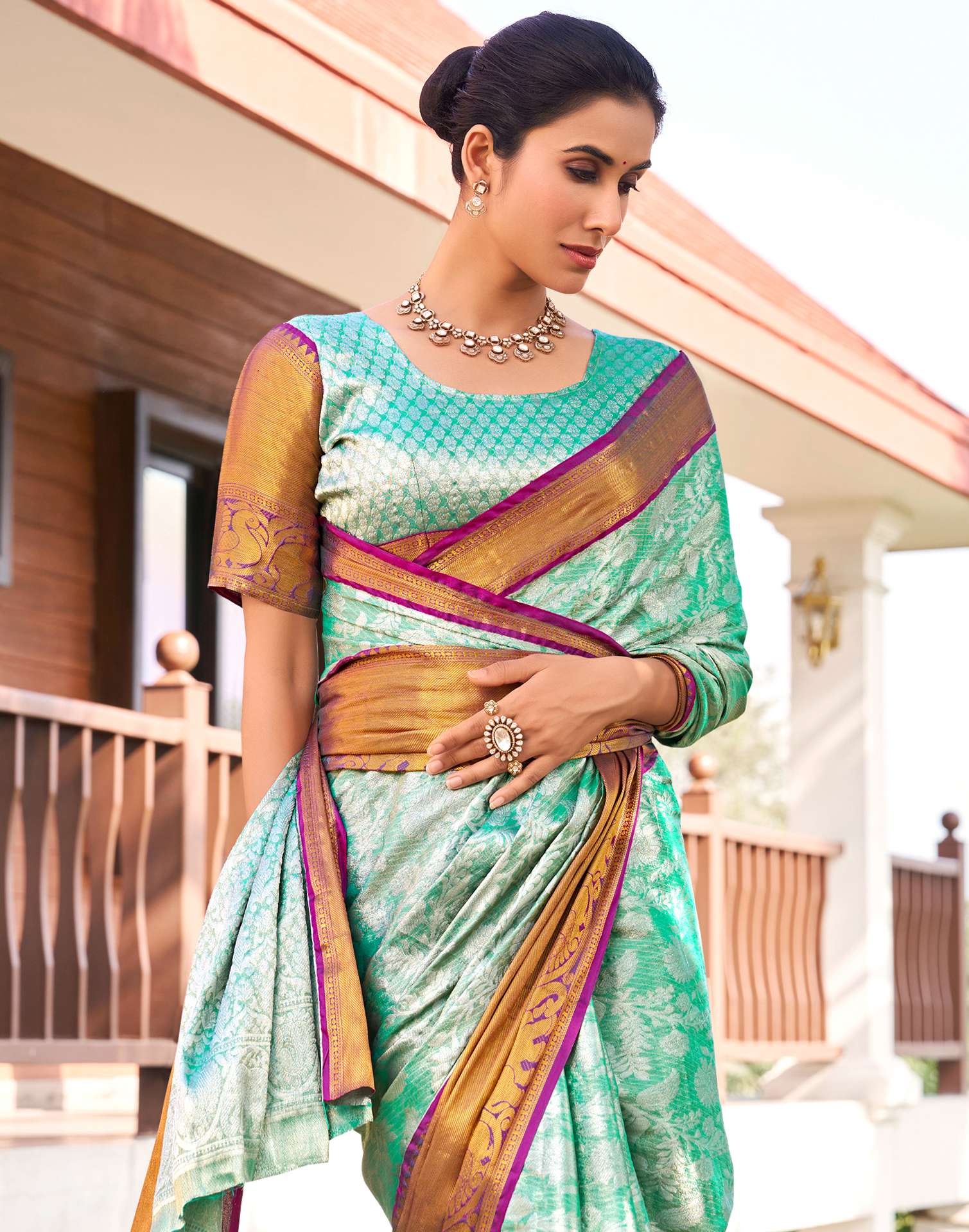 Turquoise Silk Woven Kanjivaram Saree