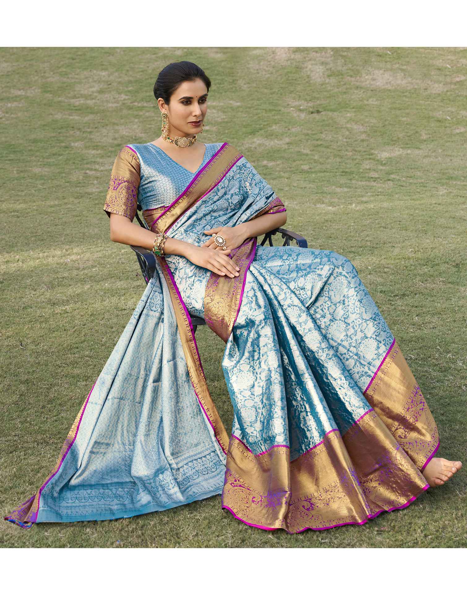Sky Blue Silk Woven Kanjivaram Saree