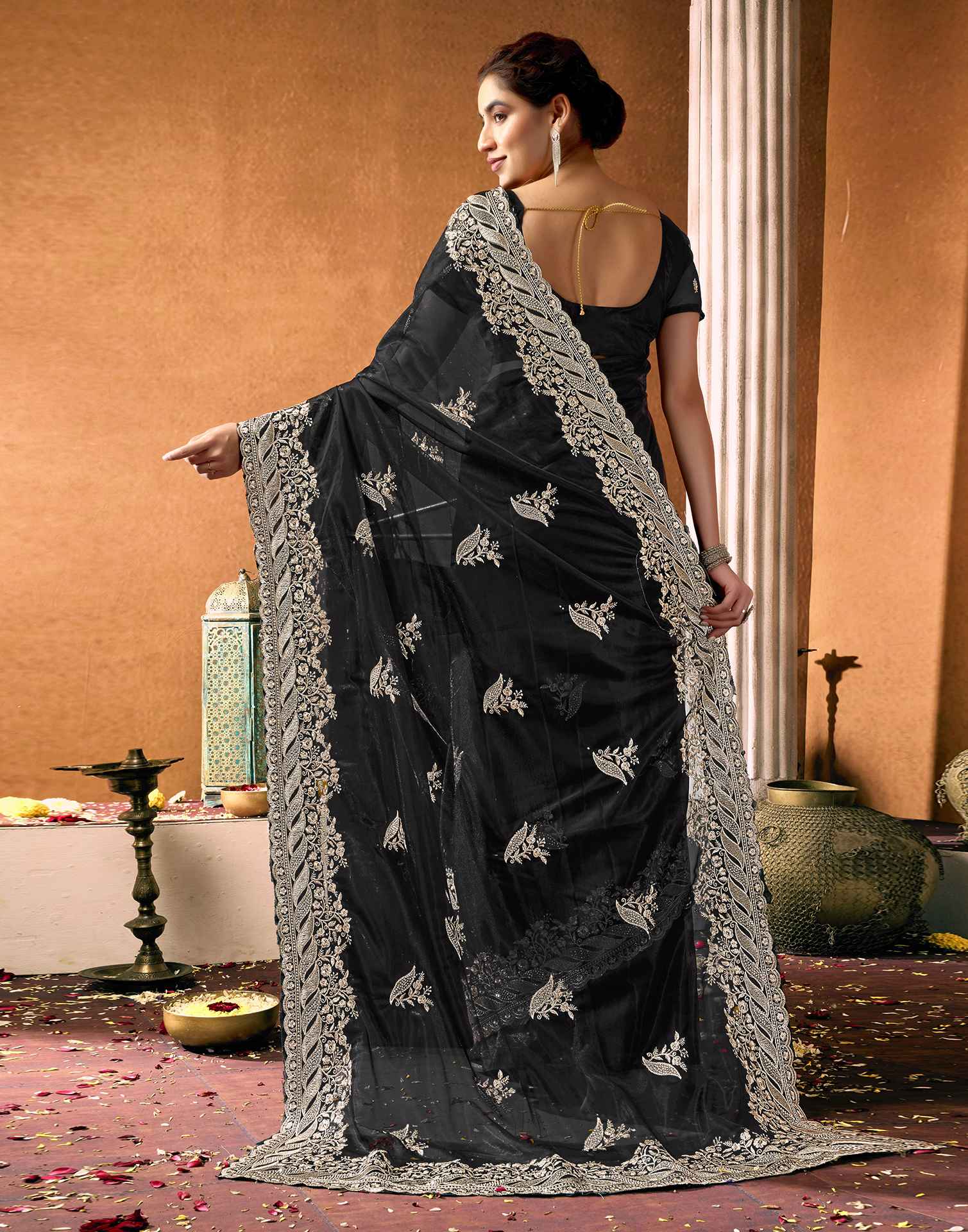 Black Net Embroidery Lace Saree