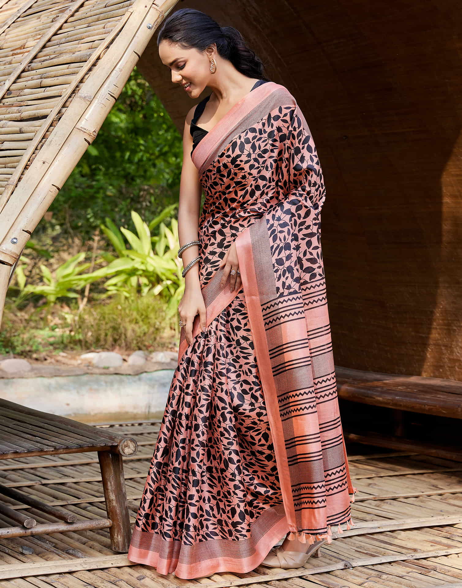 Peach Cotton Blend Printed Saree