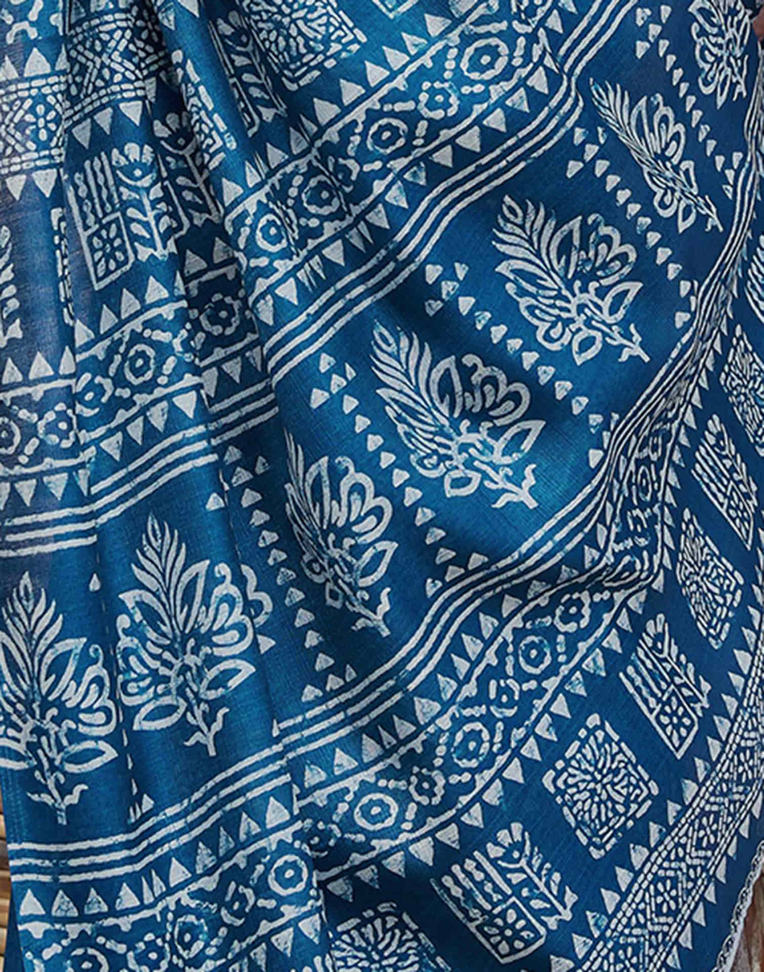 Dark Blue Cotton Blend Printed Saree