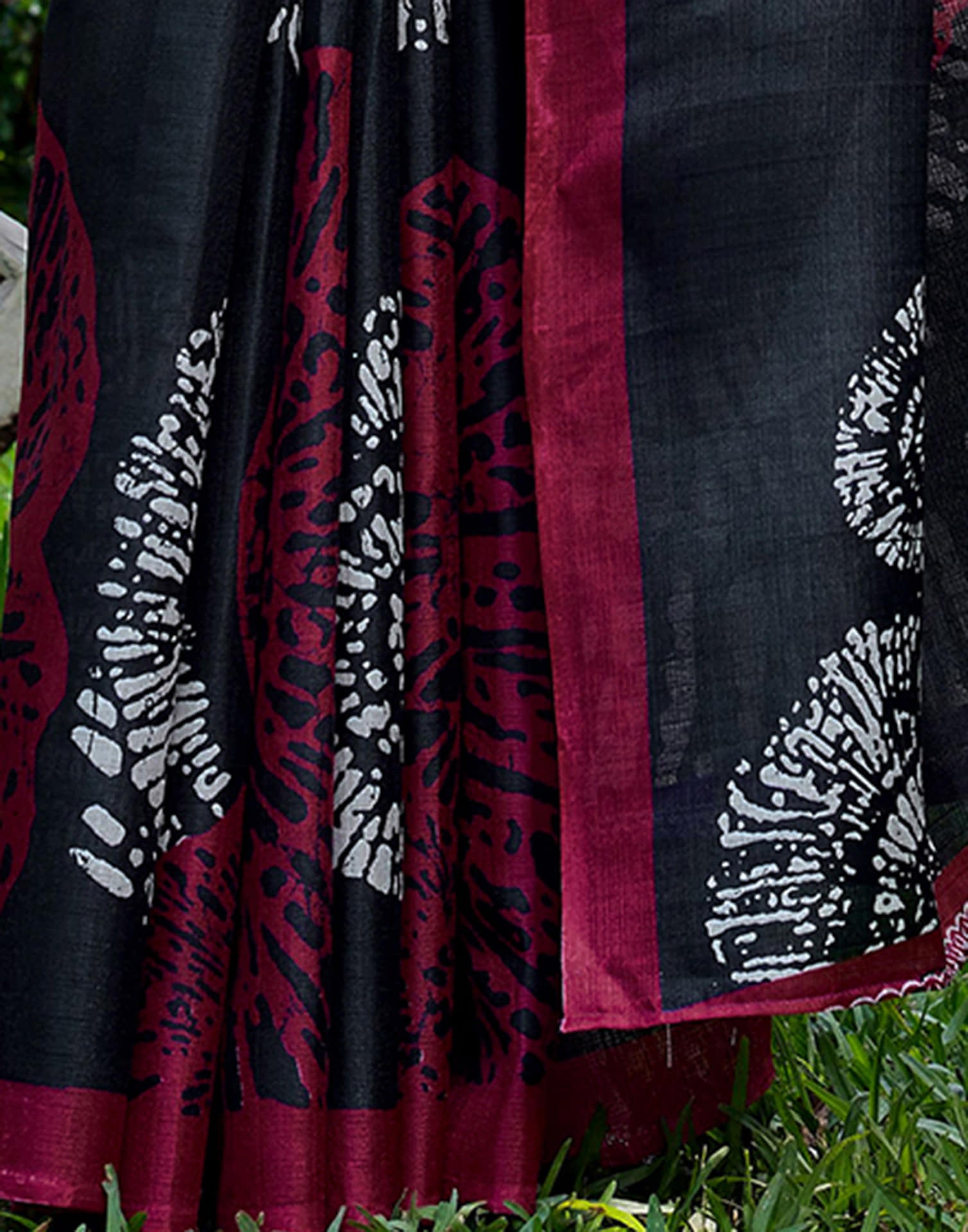 Black Cotton Blend Printed Saree