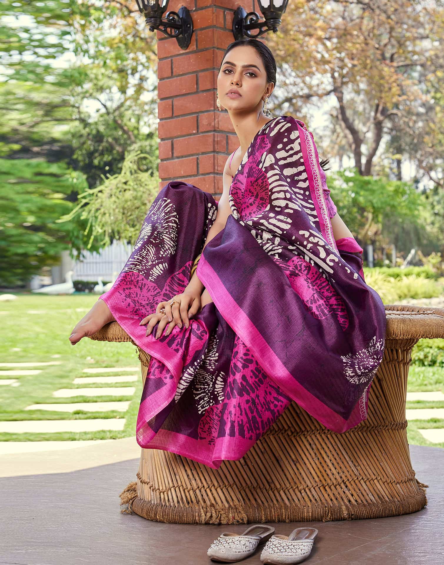 Dark Purple Cotton Blend Printed Saree