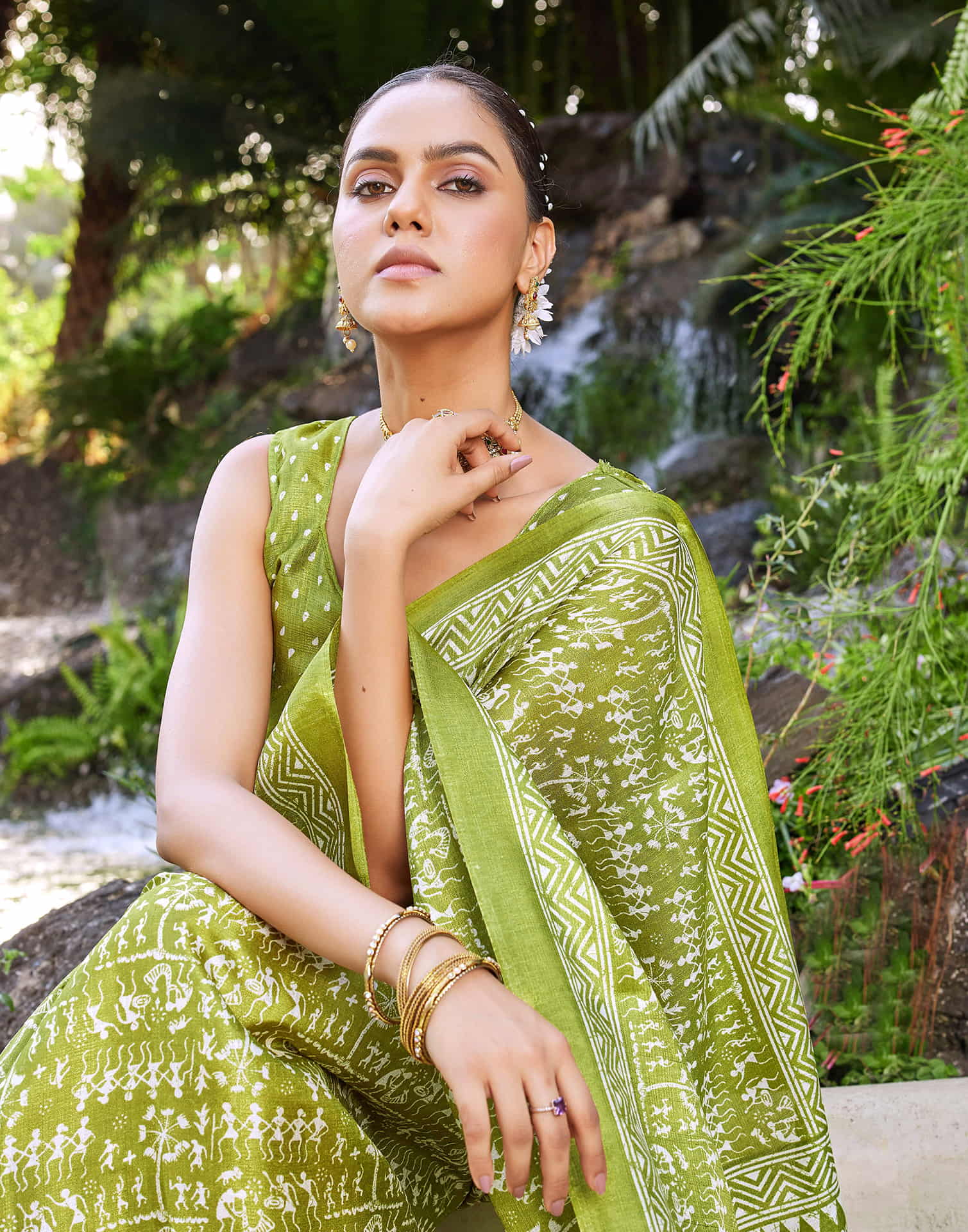 Green Cotton Blend Warli Printed Saree