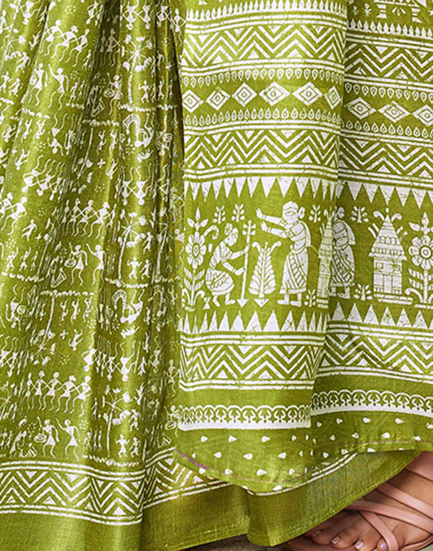 Green Cotton Blend Warli Printed Saree