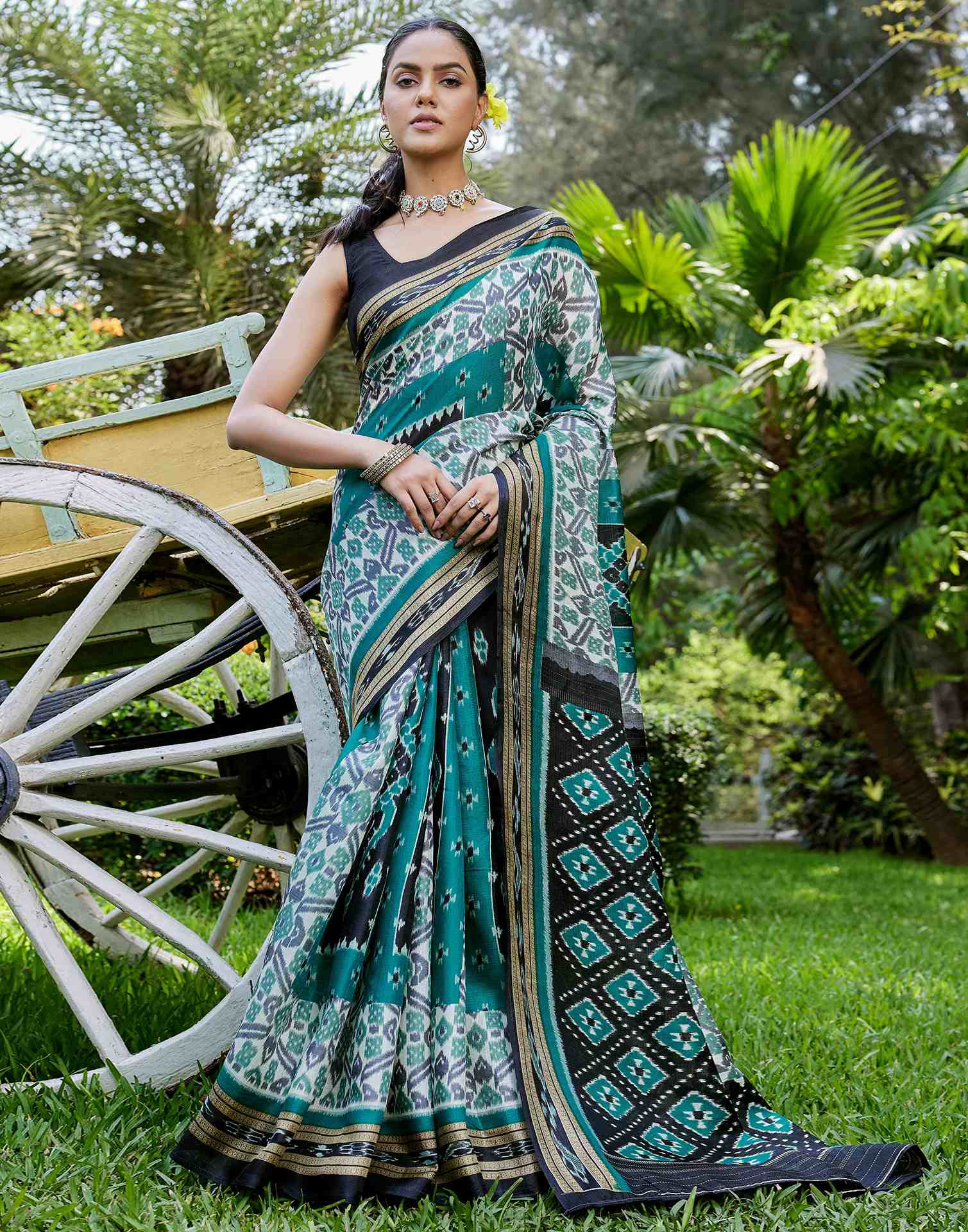 Teal Green Cotton Blend Printed Saree