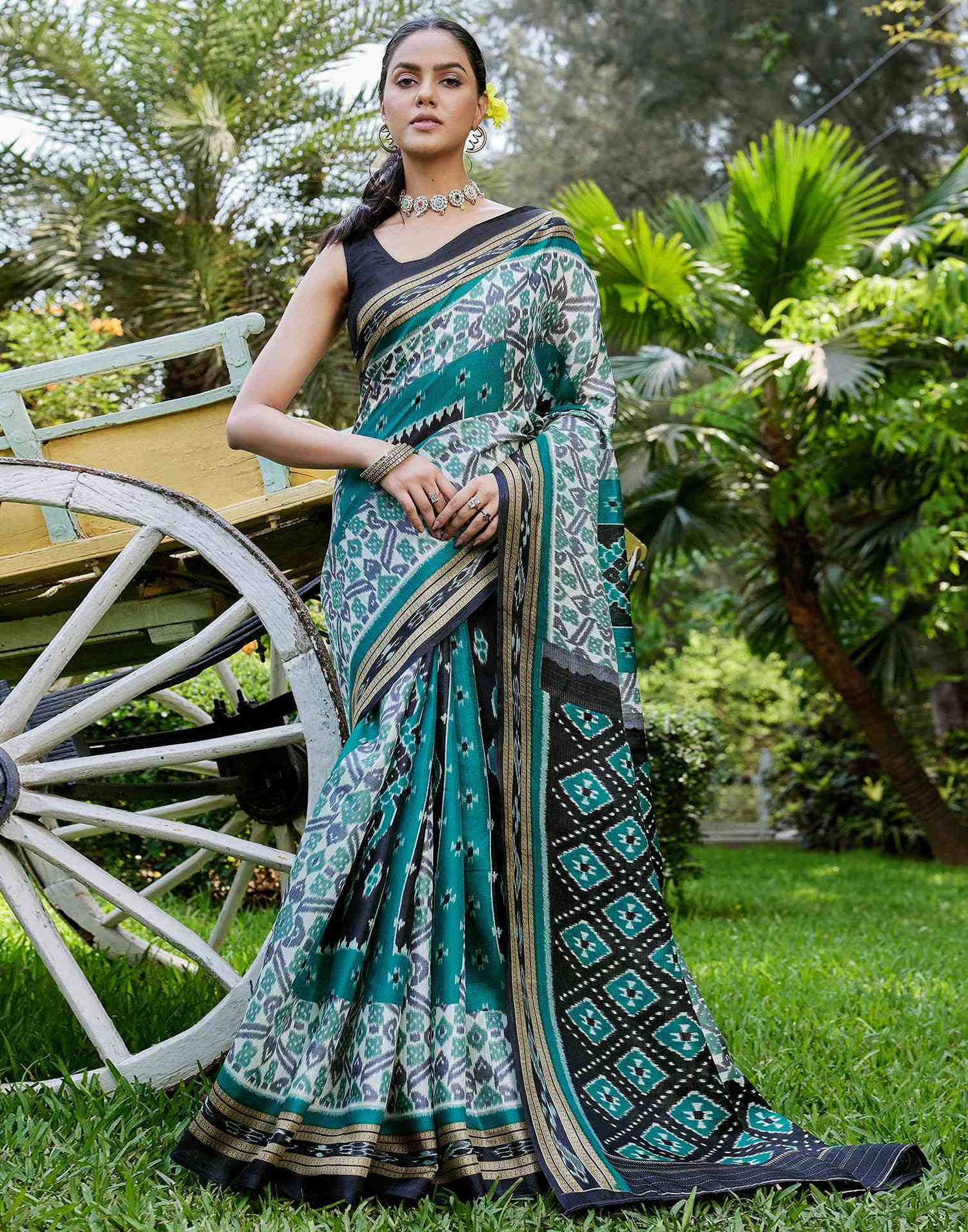 Teal Green Cotton Blend Printed Saree