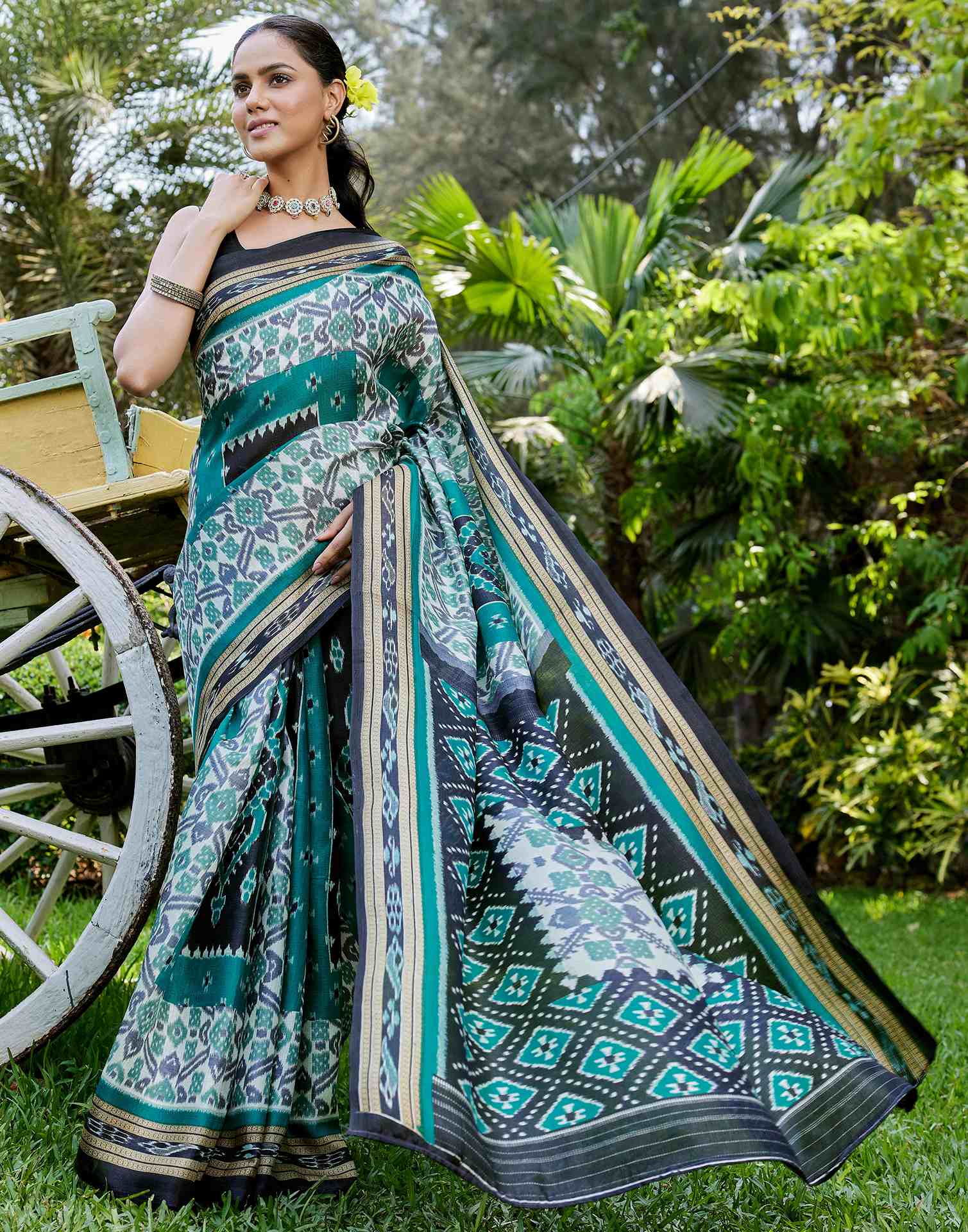 Teal Green Cotton Blend Printed Saree