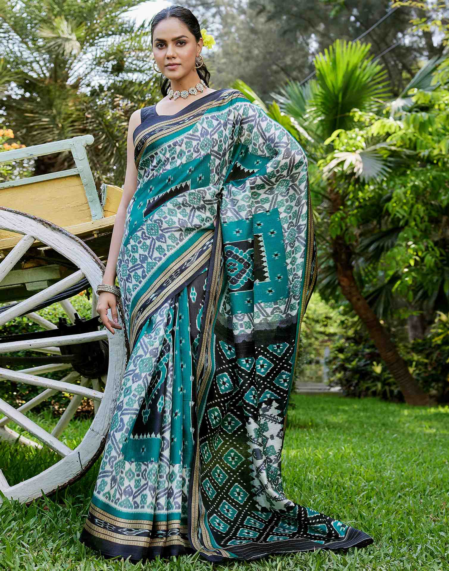 Teal Green Cotton Blend Printed Saree