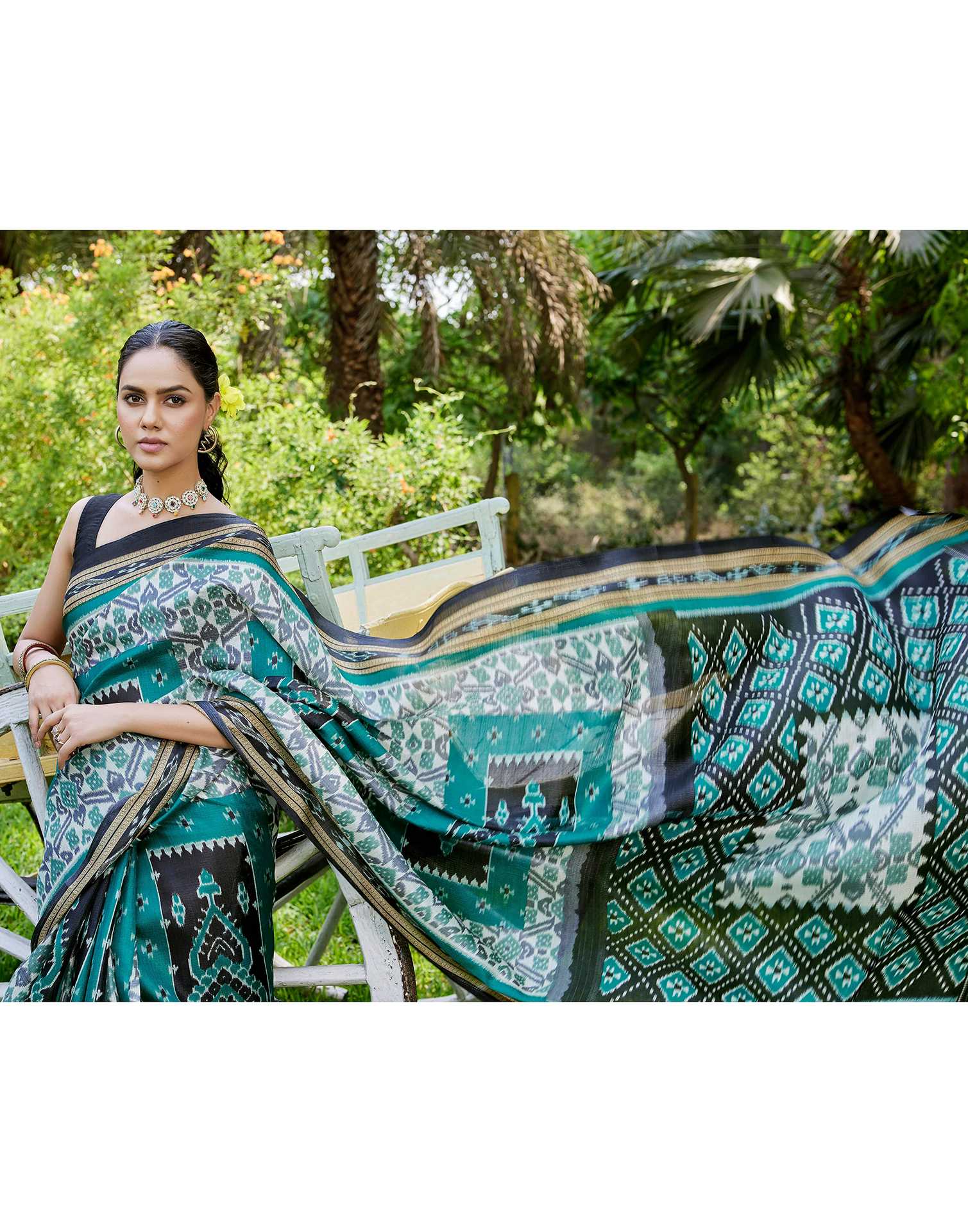 Teal Green Cotton Blend Printed Saree