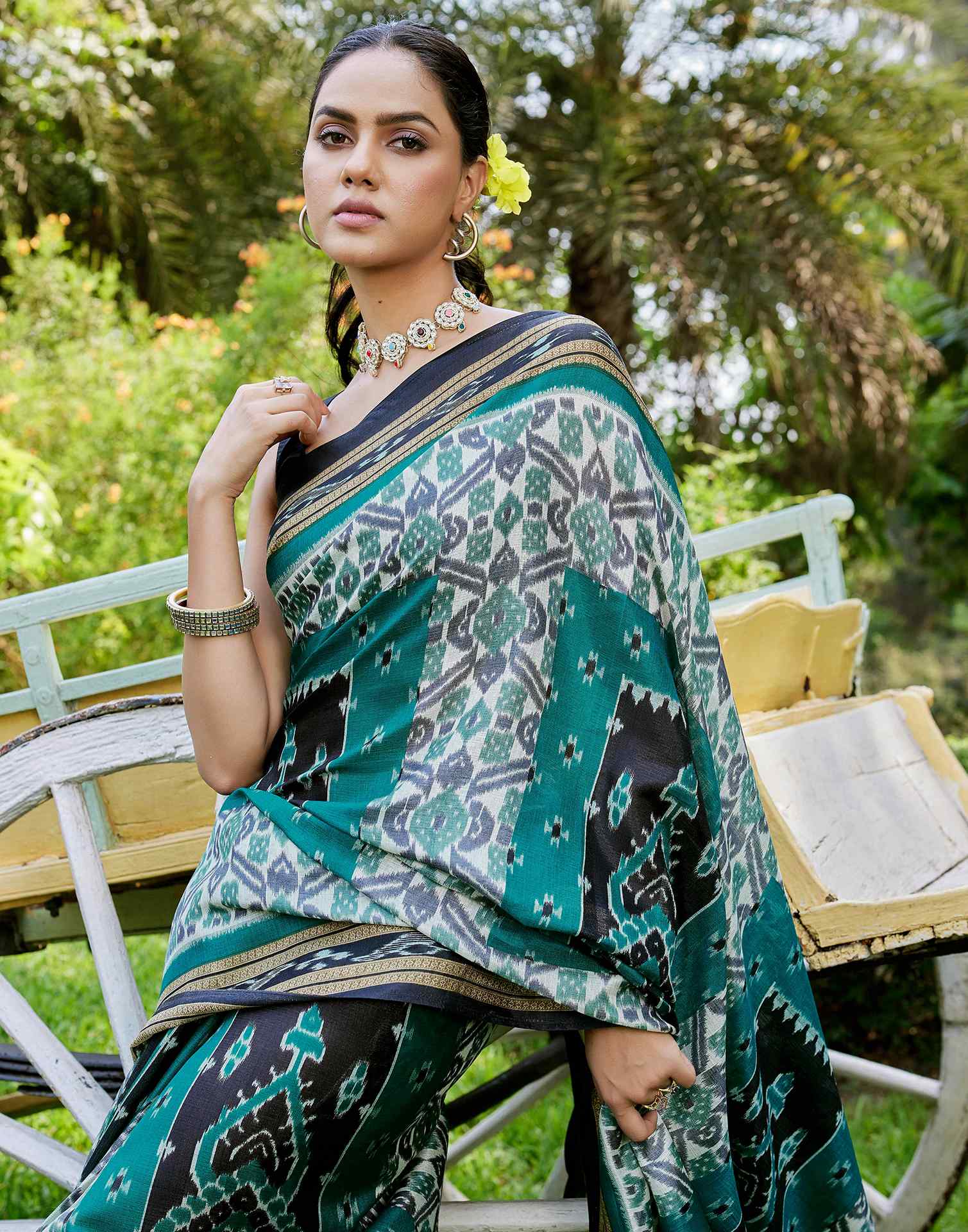 Teal Green Cotton Blend Printed Saree