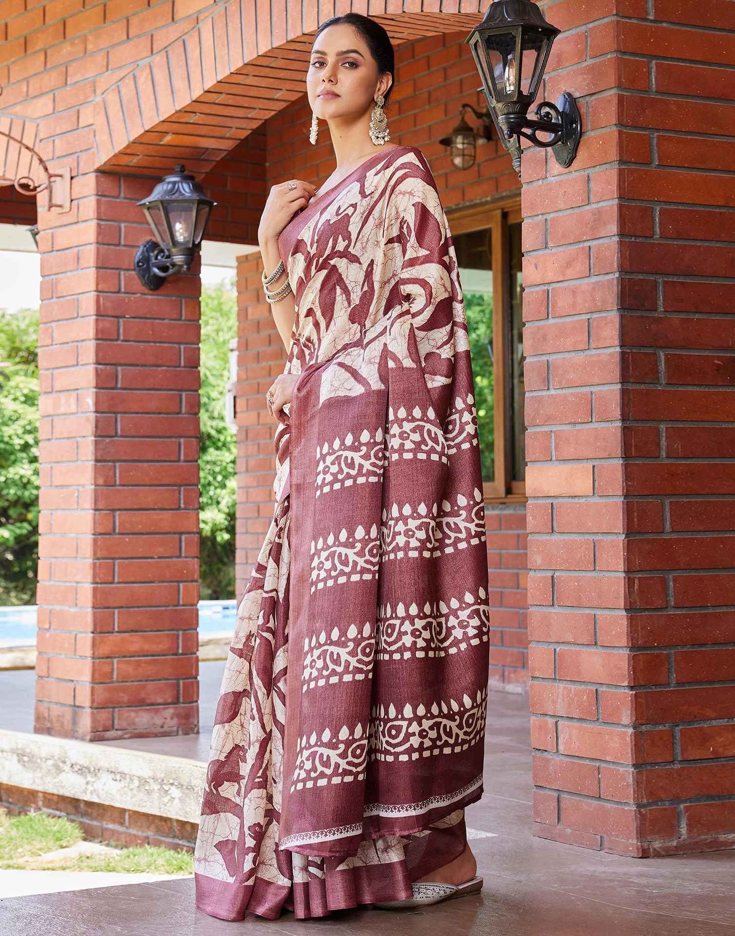 Dusty Wine Cotton Printed Saree