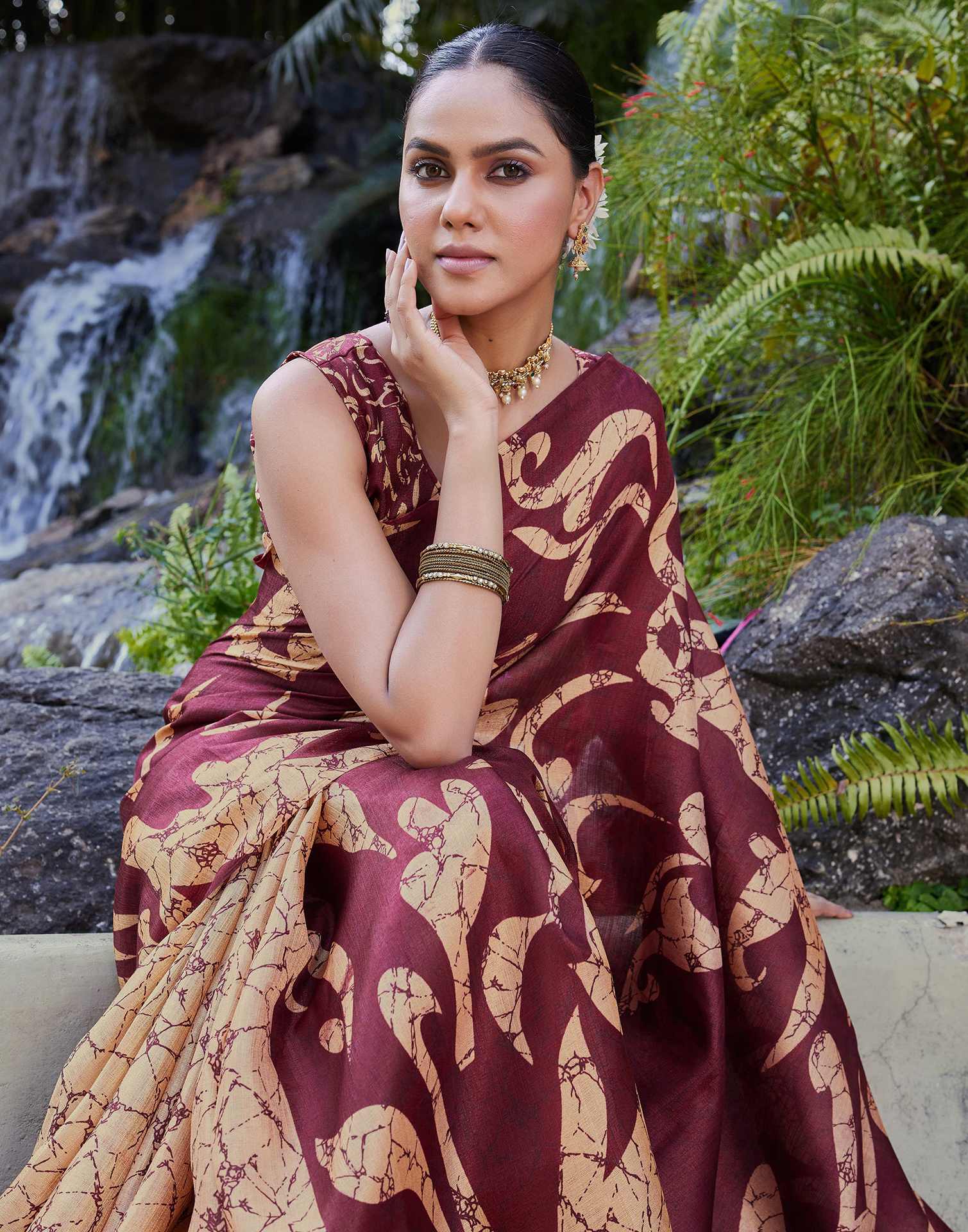 Maroon Cotton Printed Saree