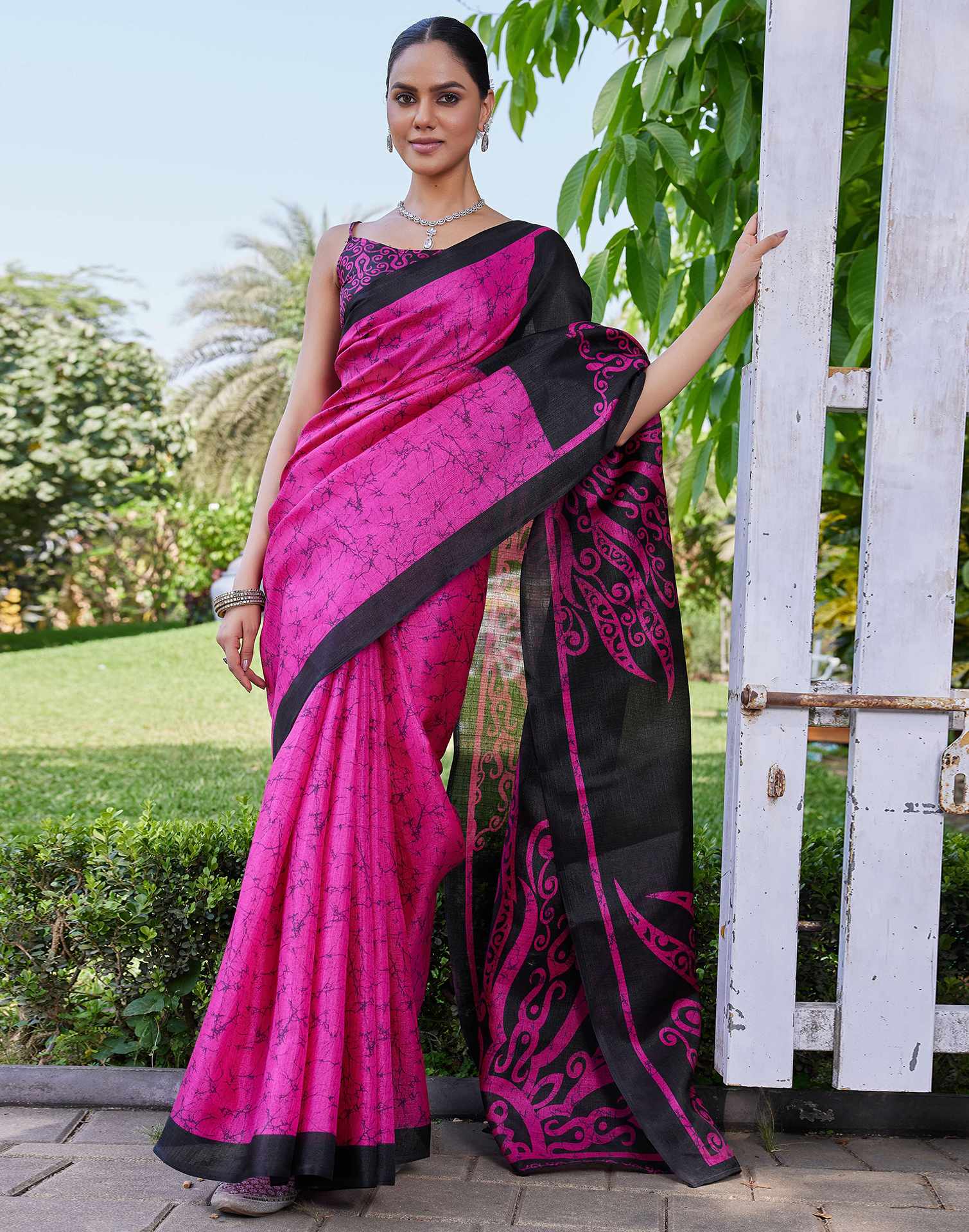 Rani Pink Cotton Printed Saree