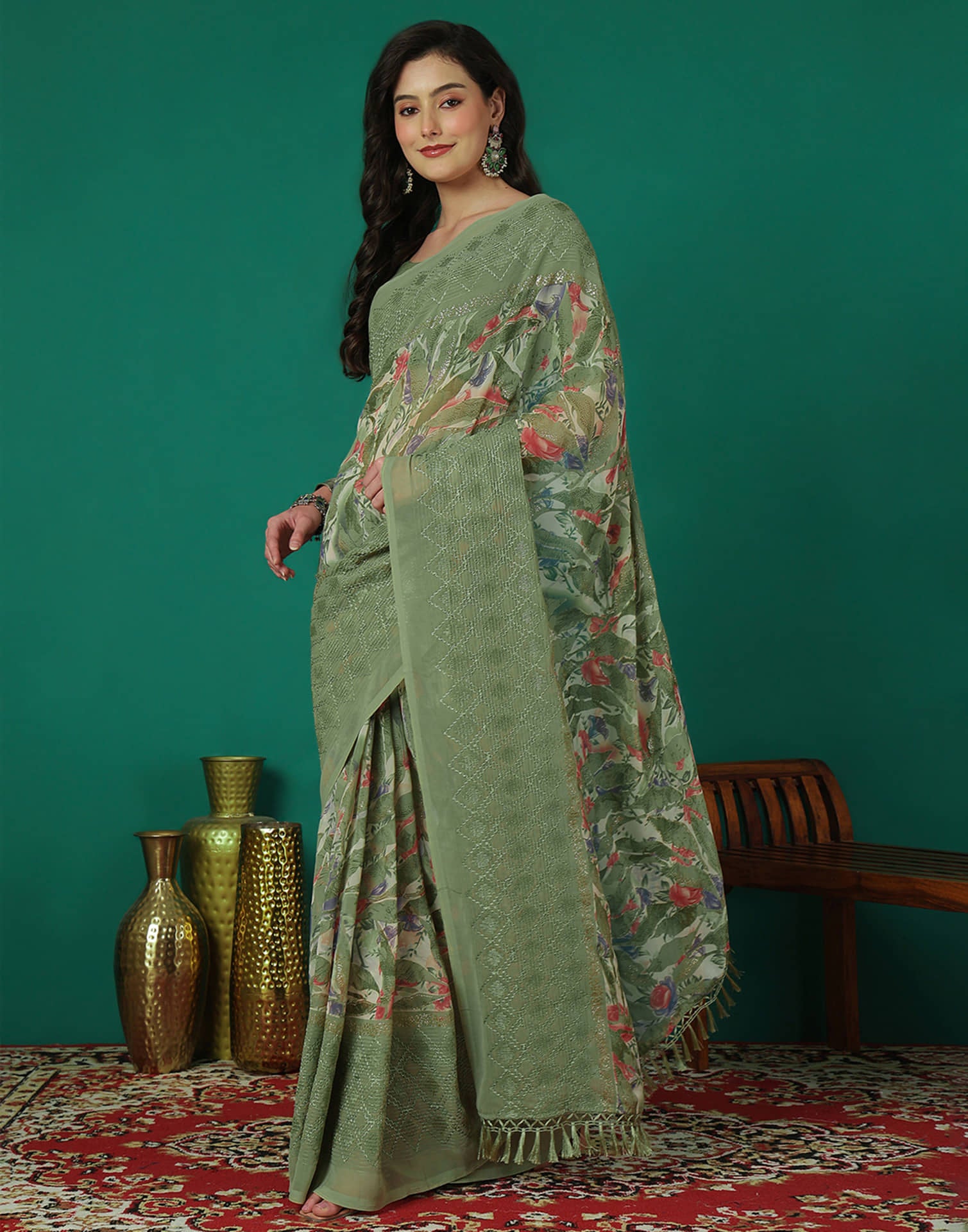 Green Georgette Printed Saree