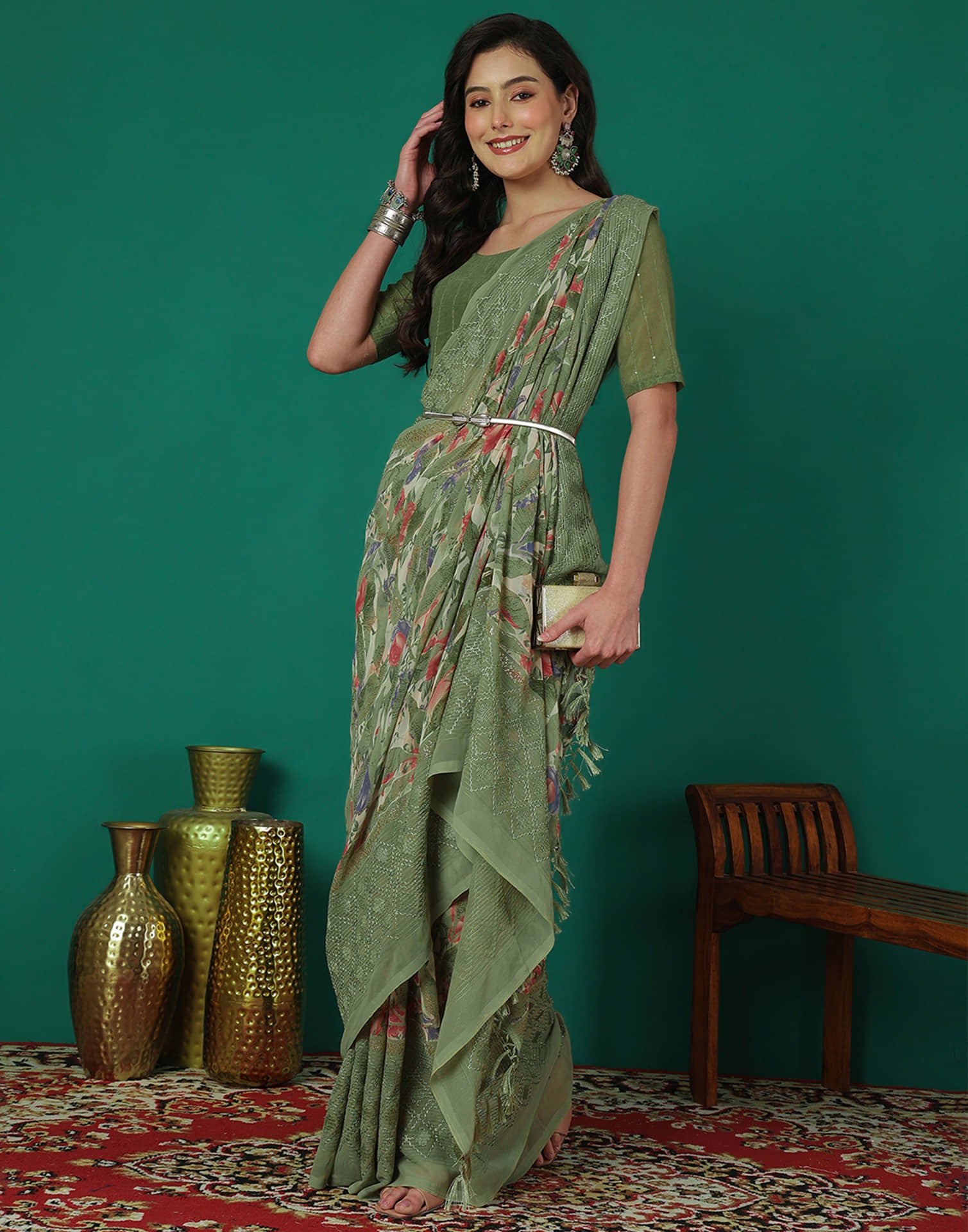 Green Georgette Printed Saree