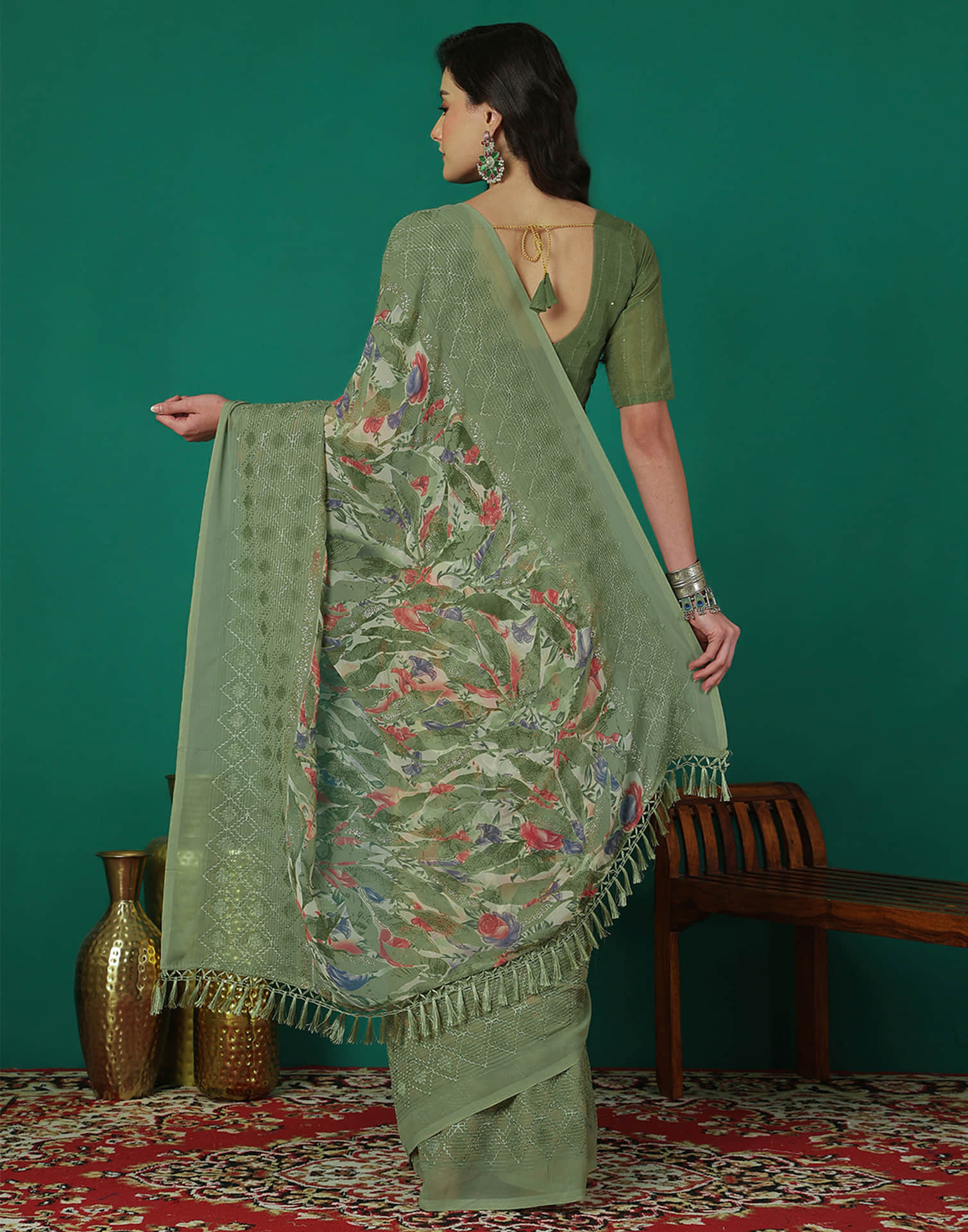 Green Georgette Printed Saree