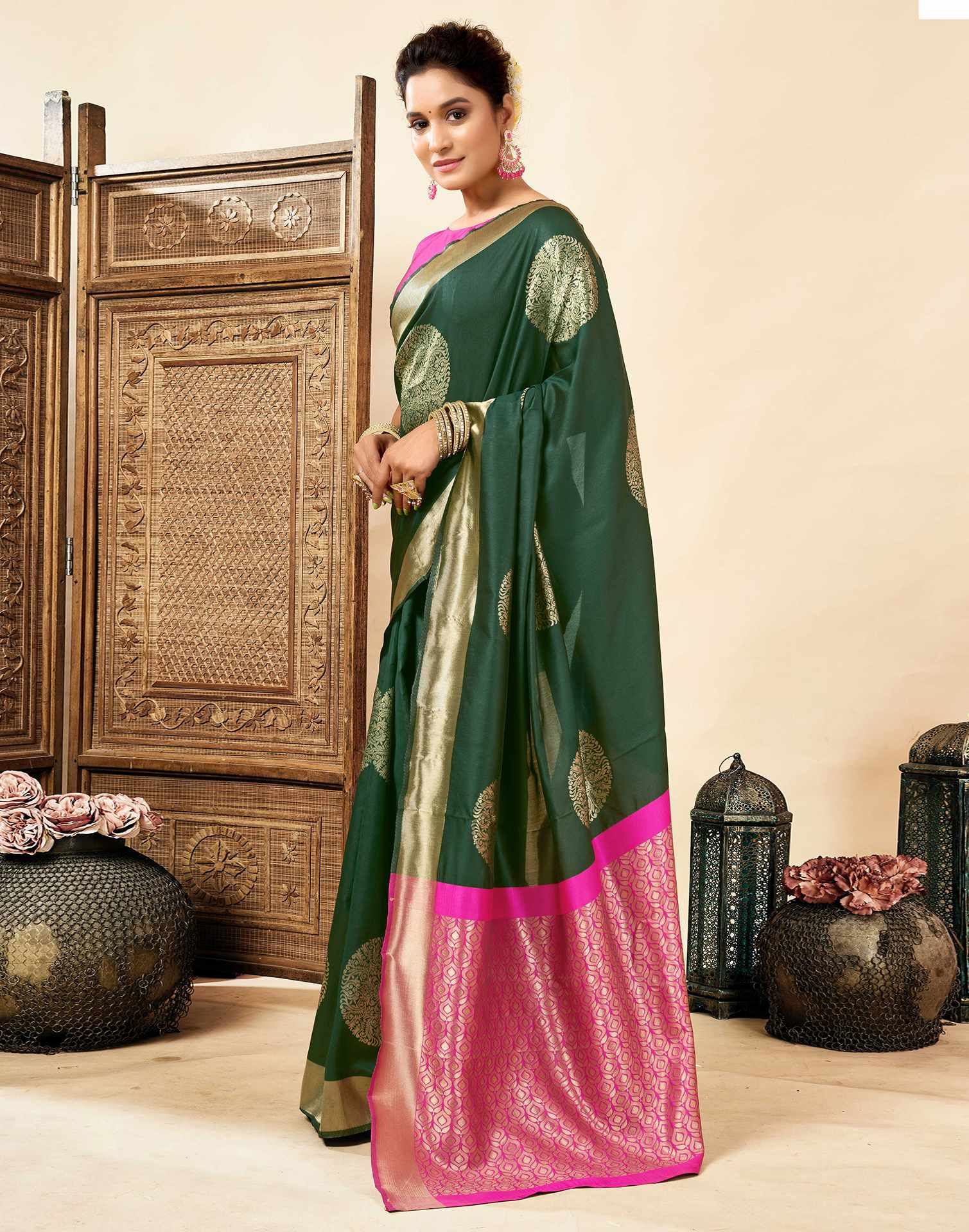 Dark Green Silk Woven Saree