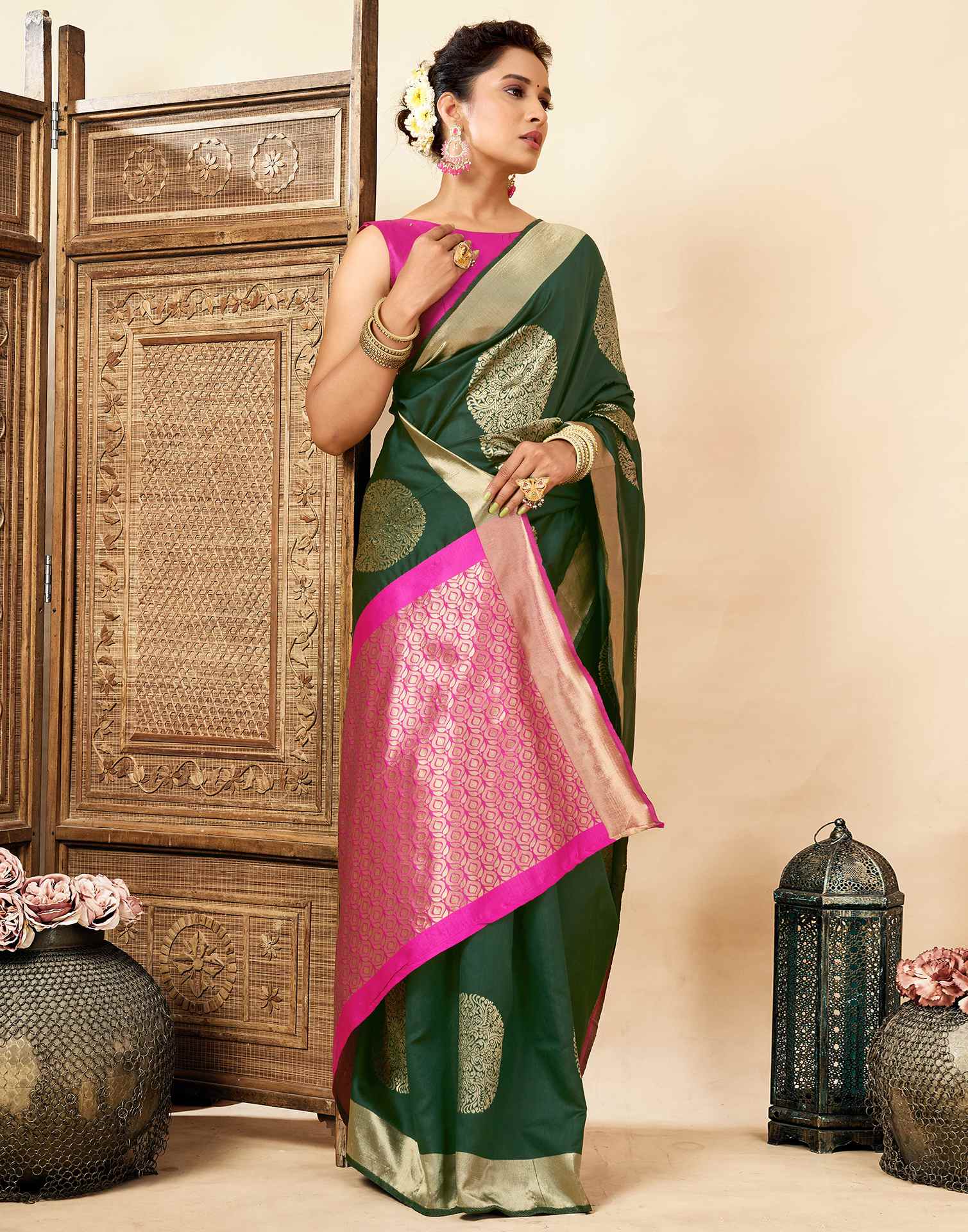 Dark Green Silk Woven Saree