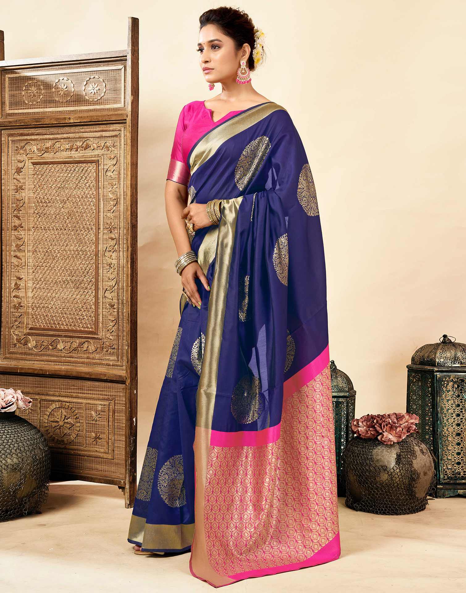 Navy Blue Silk Woven Saree