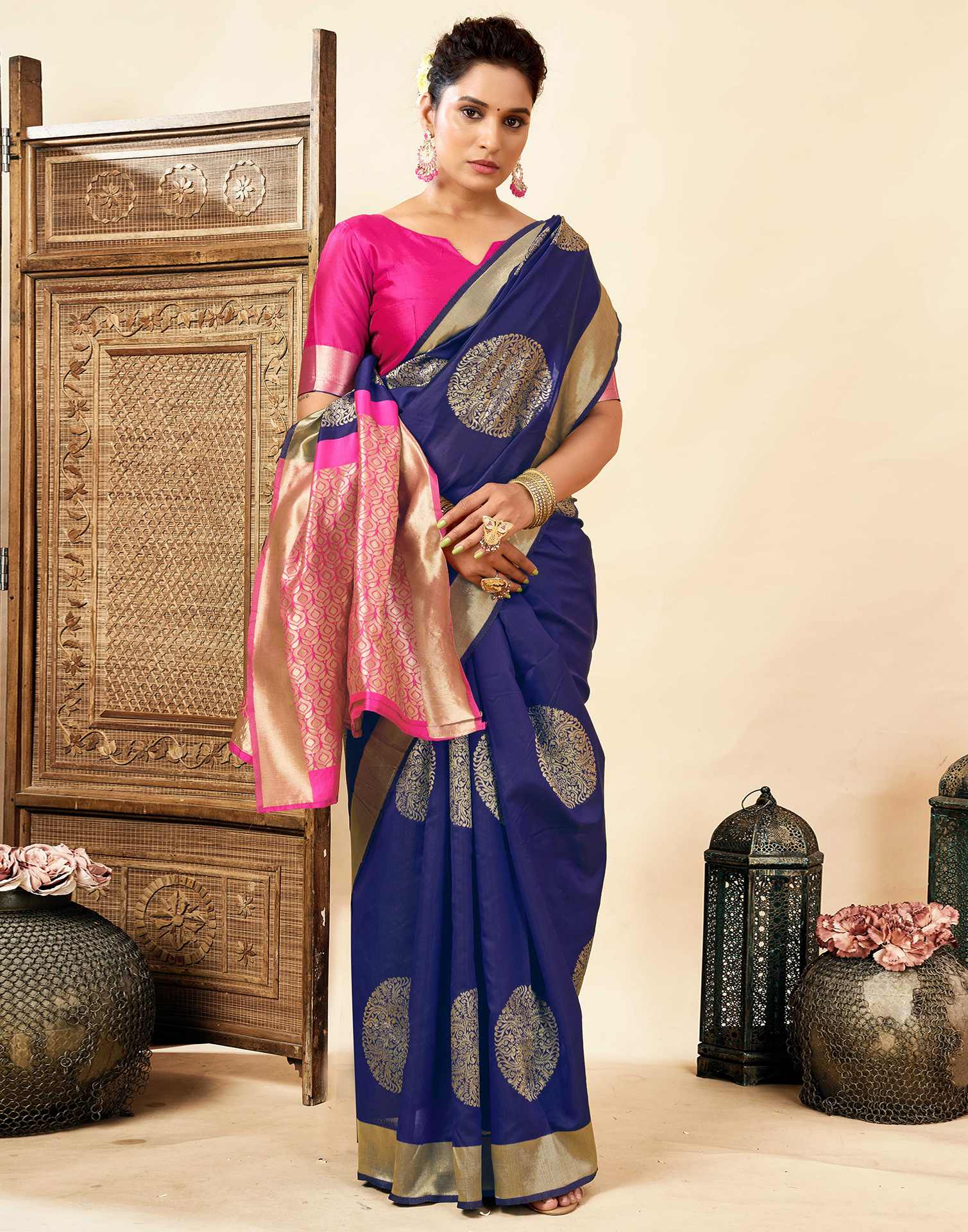 Navy Blue Silk Woven Saree