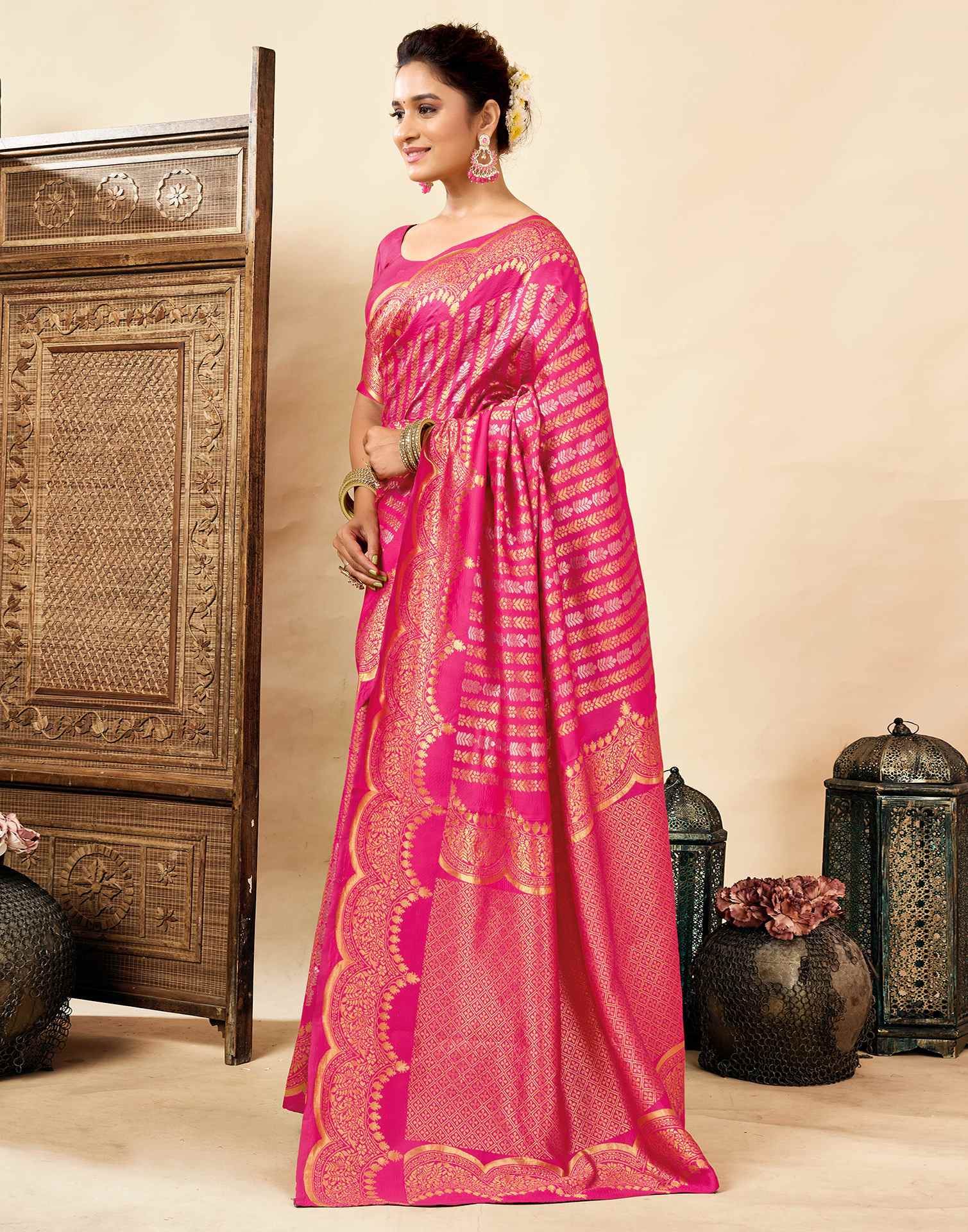 Bright Pink Silk Woven Banarasi Saree