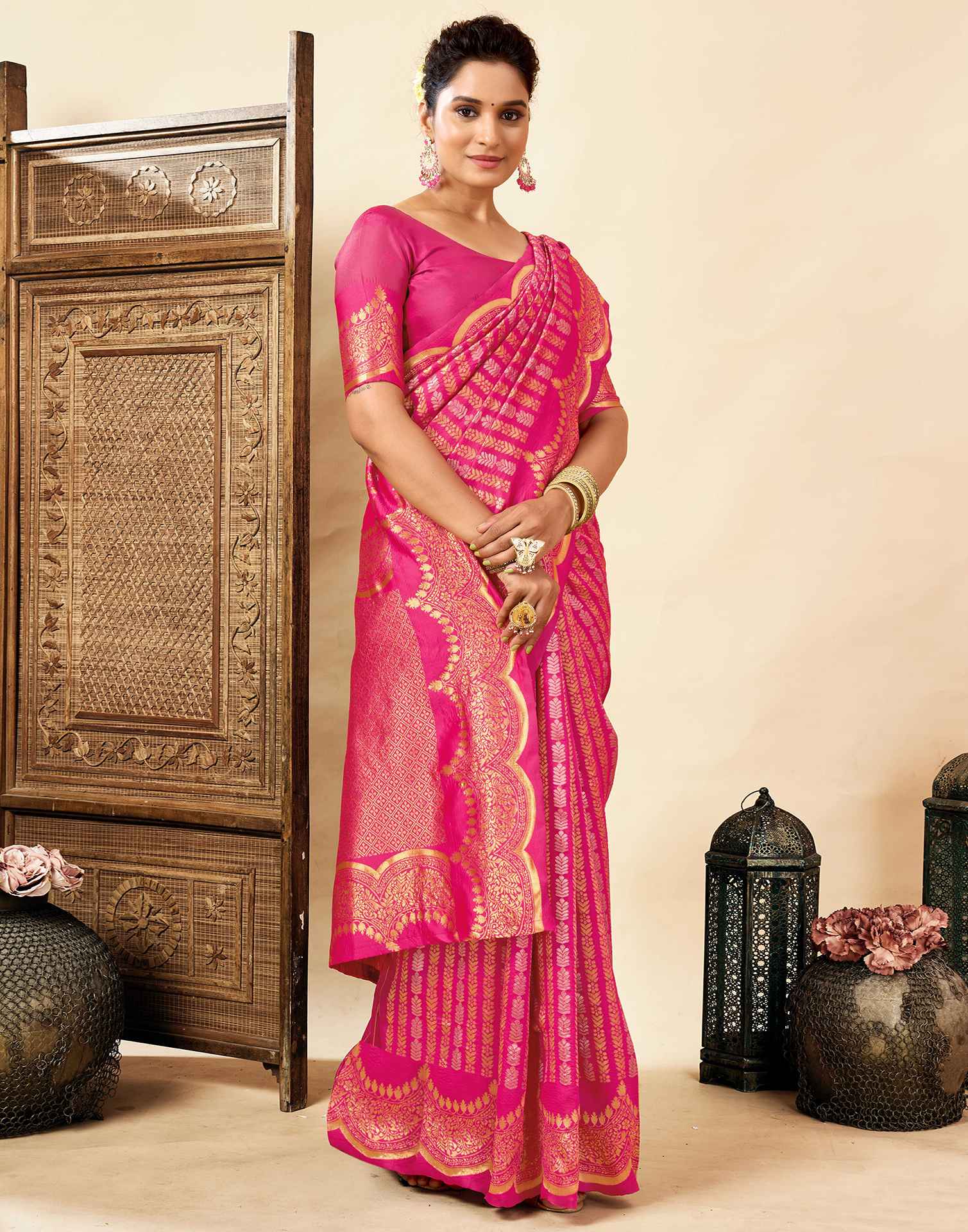 Bright Pink Silk Woven Banarasi Saree