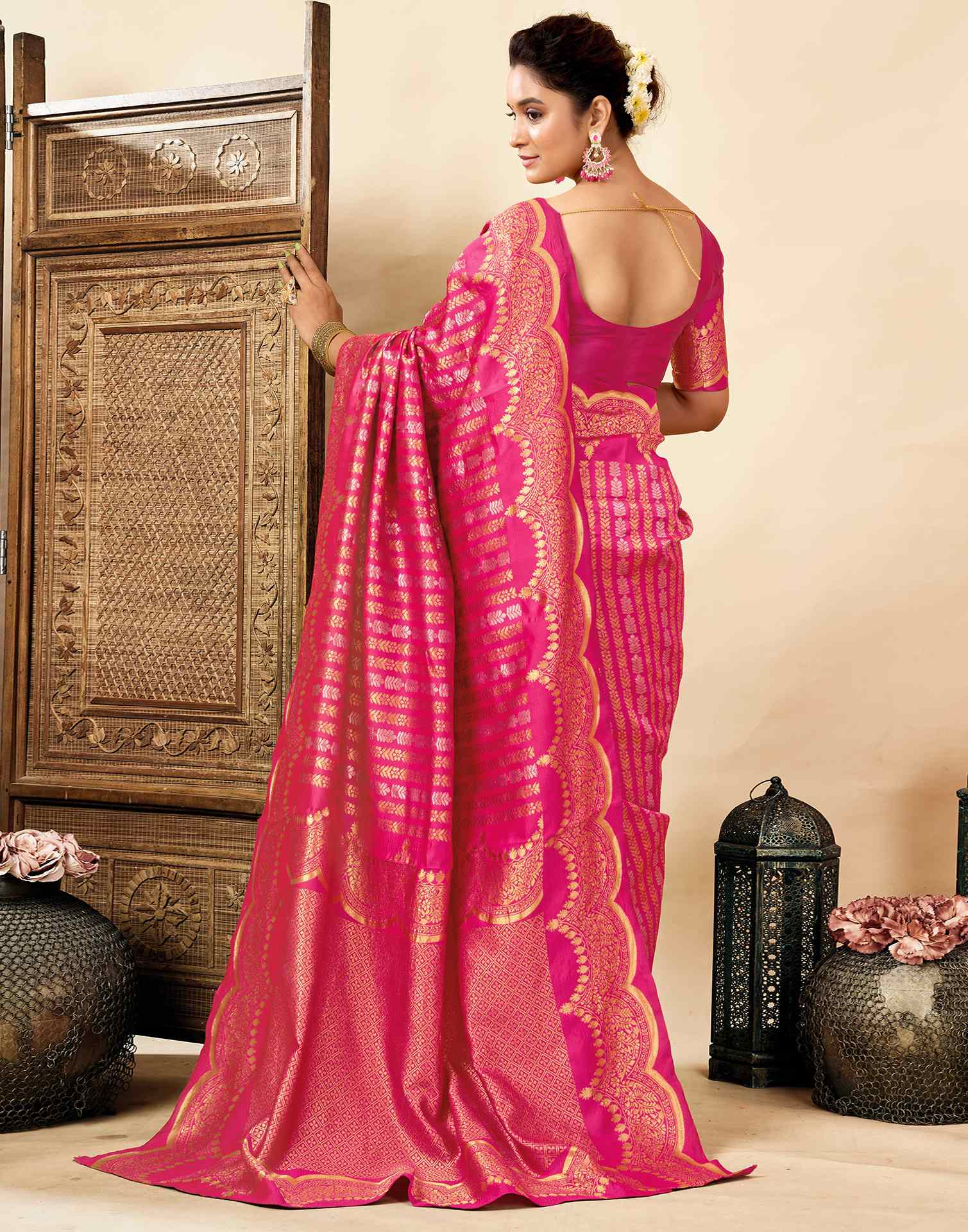 Bright Pink Silk Woven Banarasi Saree