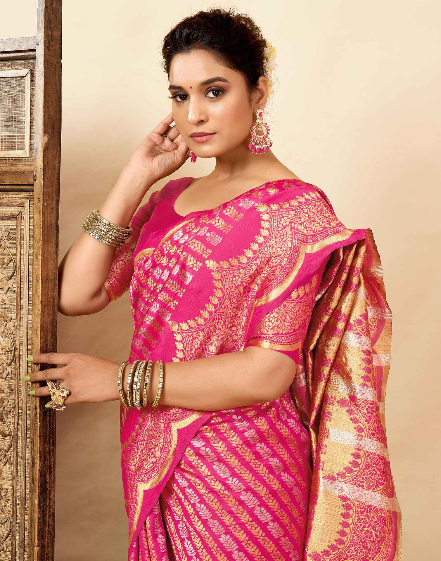 Bright Pink Silk Woven Banarasi Saree