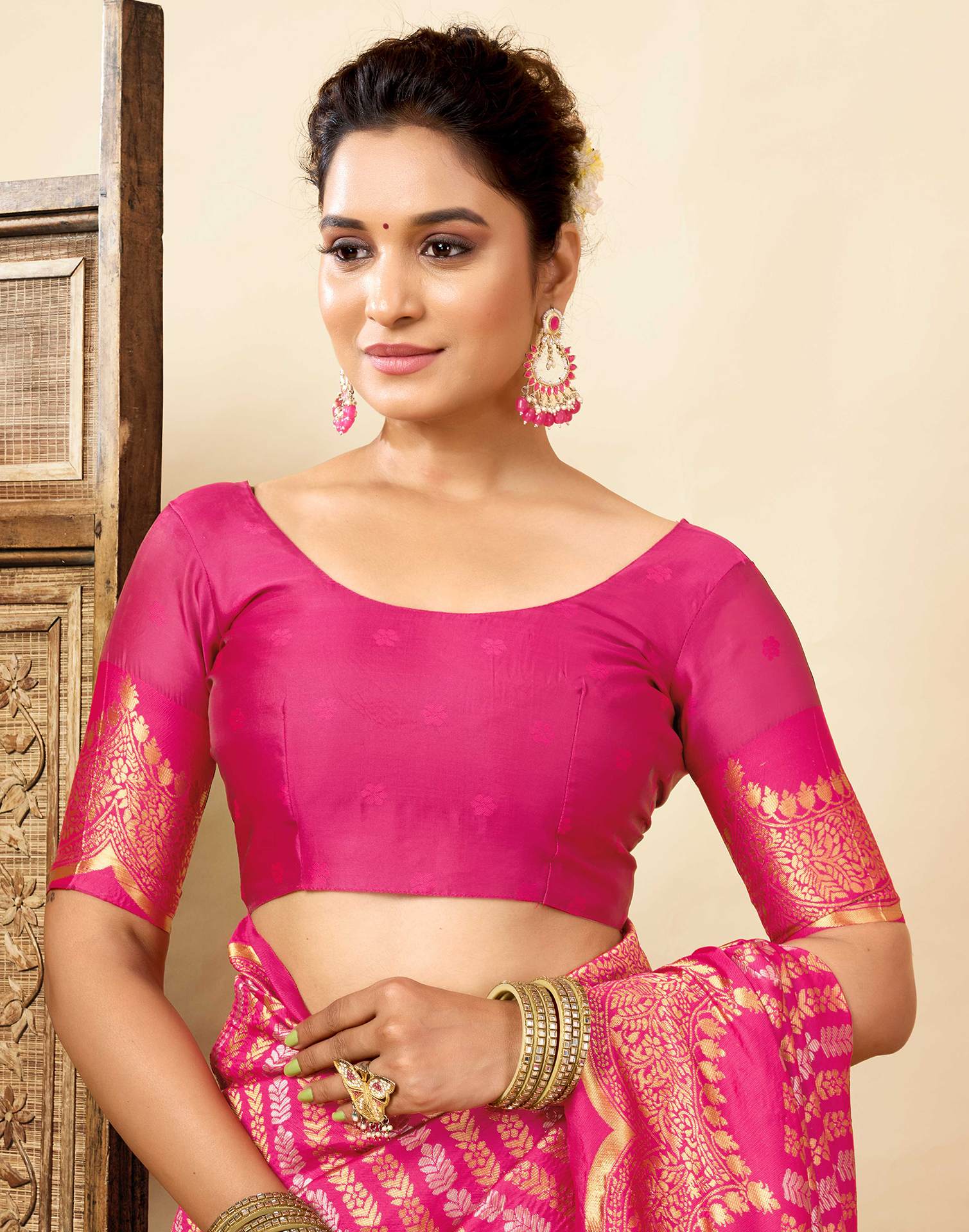 Bright Pink Silk Woven Banarasi Saree