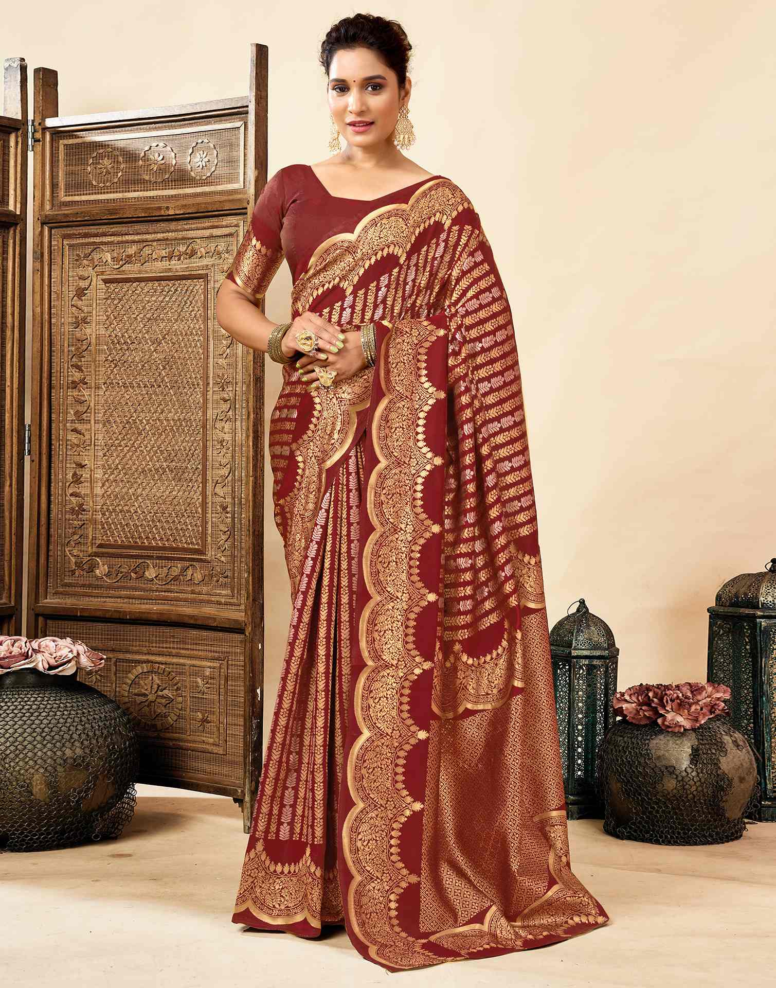 Maroon Silk Woven Banarasi Saree