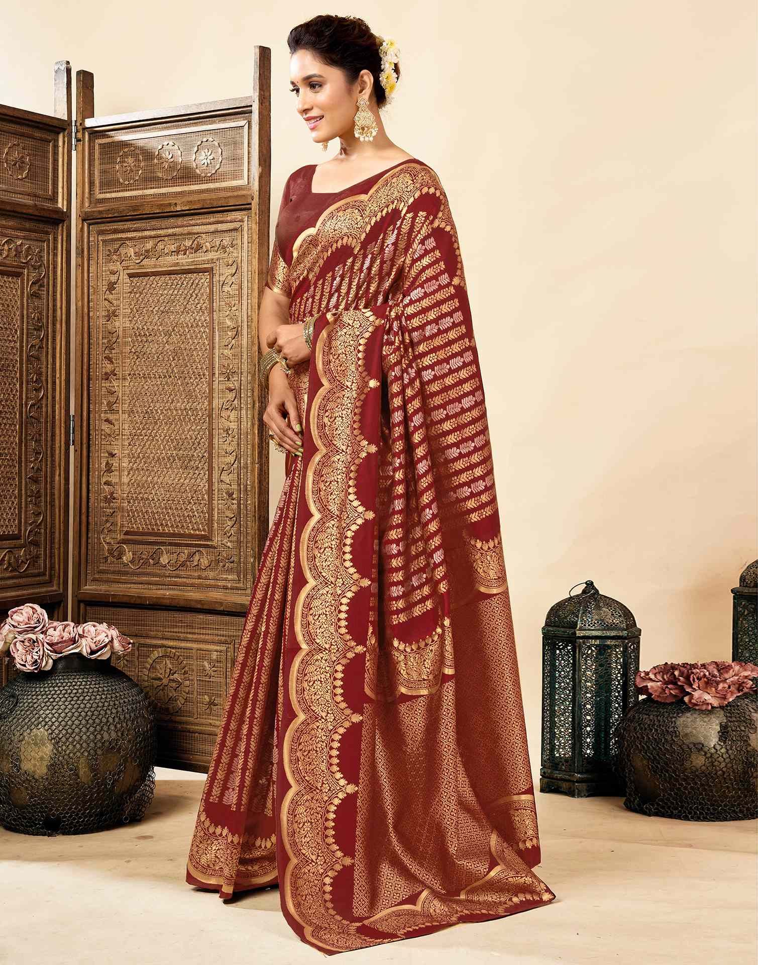 Maroon Silk Woven Banarasi Saree